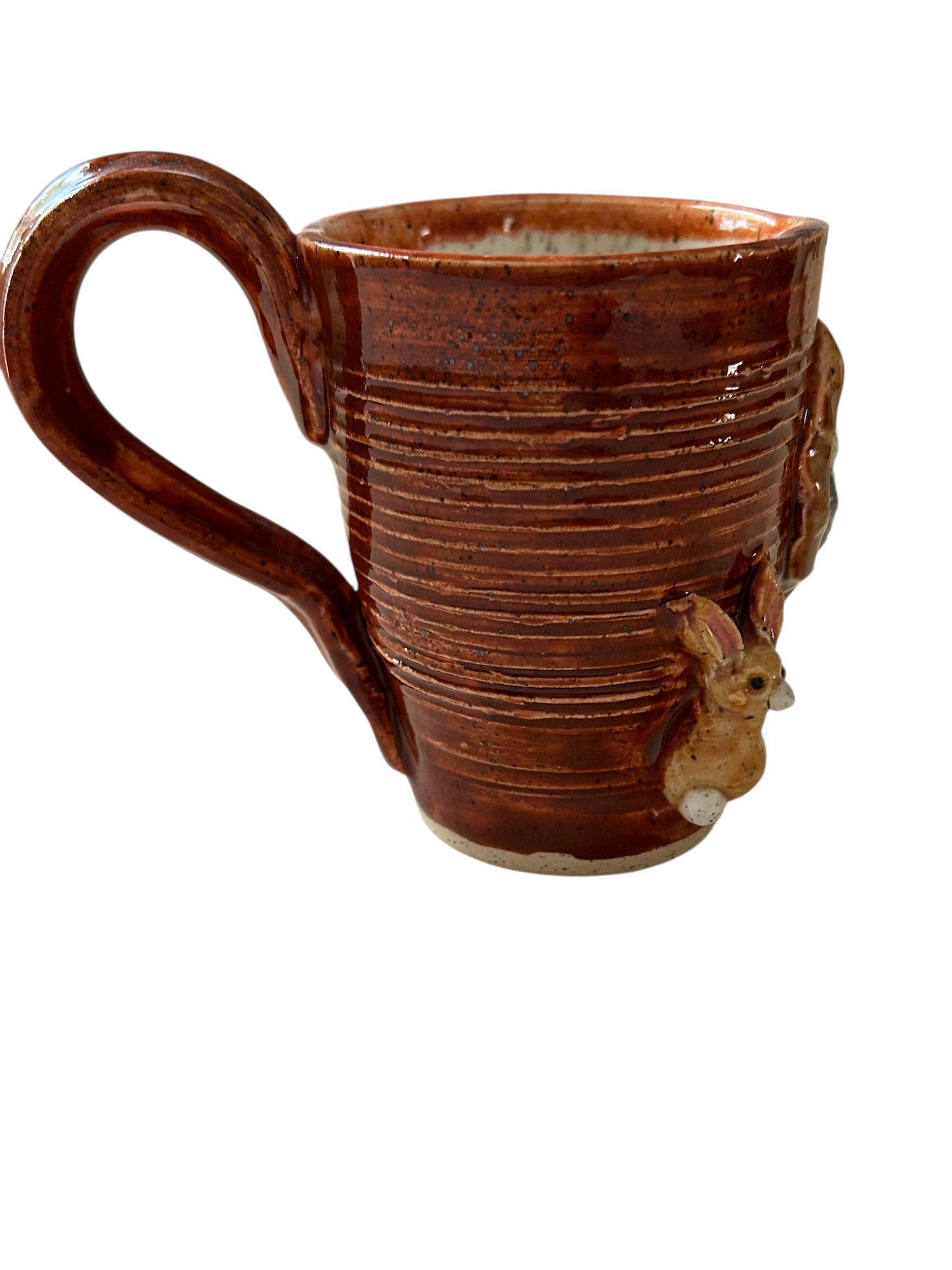 Wheel-Thrown Textured Mug #17 with Sculpted Owl and Sprigged Squirrel and Rabbit