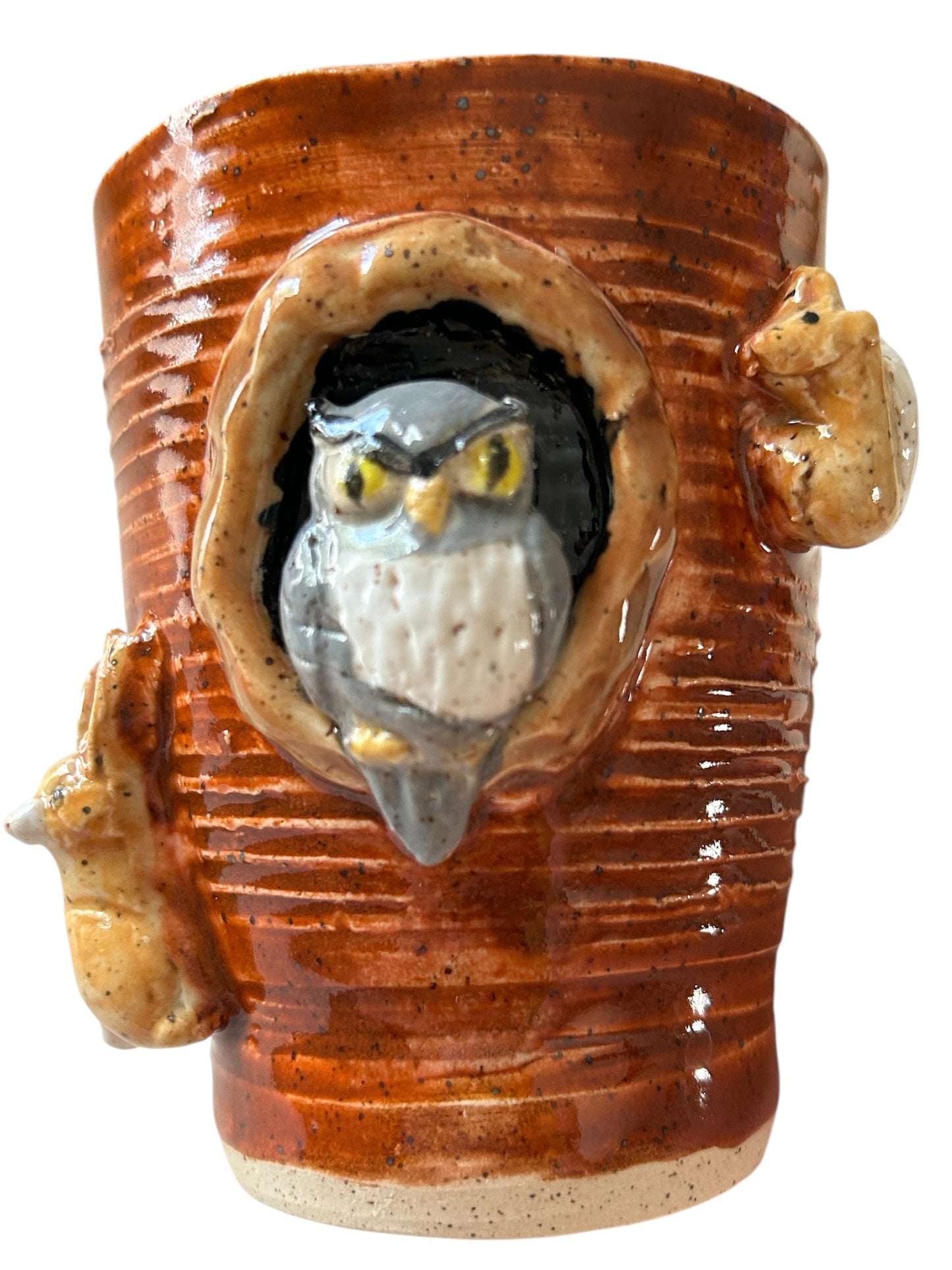 Wheel-Thrown Textured Mug #17 with Sculpted Owl and Sprigged Squirrel and Rabbit