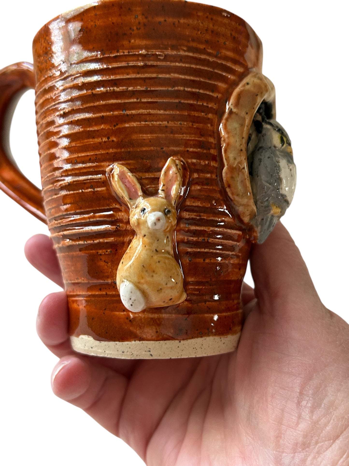 Wheel-Thrown Textured Mug #17 with Sculpted Owl and Sprigged Squirrel and Rabbit