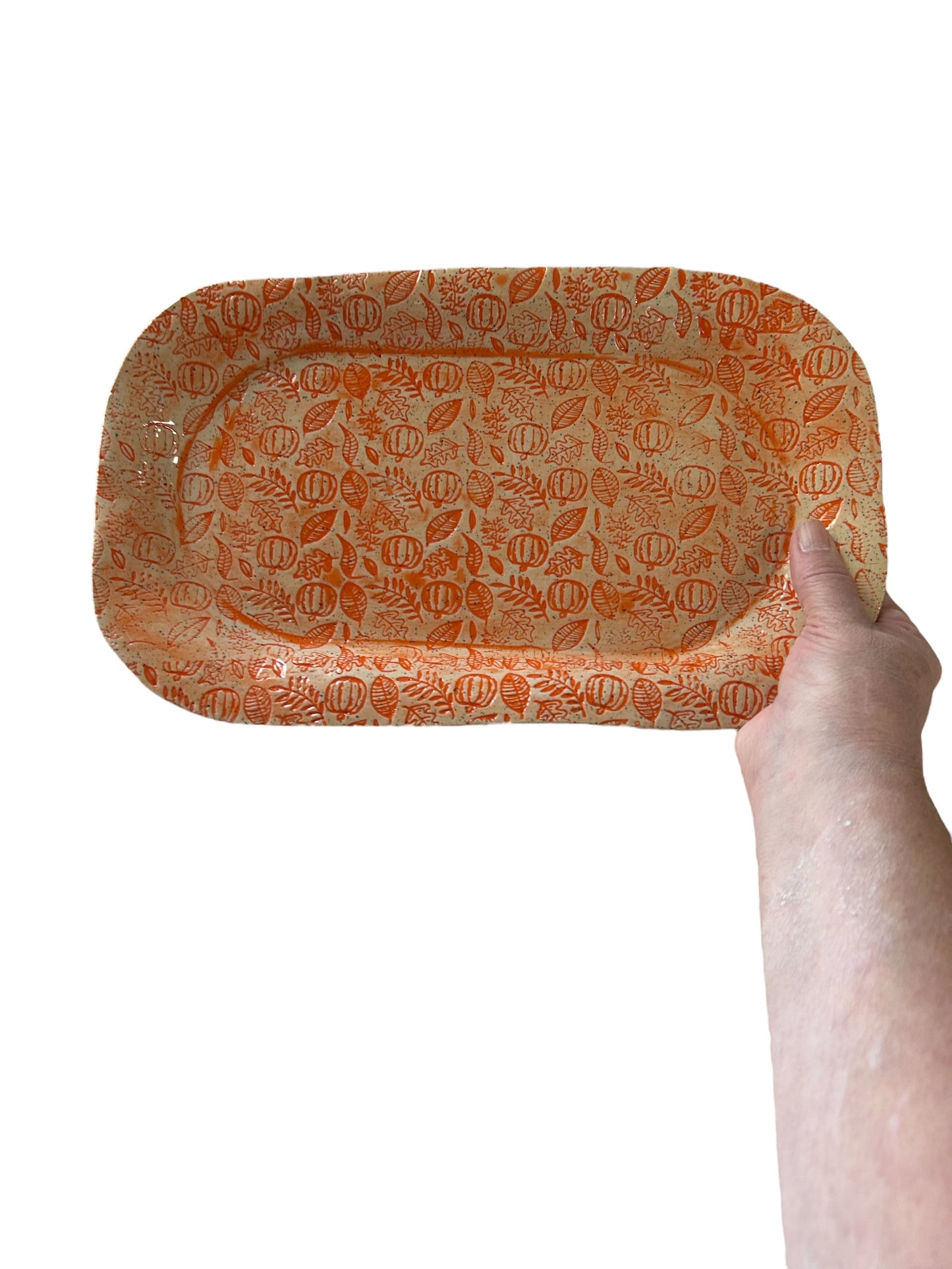 Large Textured Tray #19 with Pumpkins and Leaves in Autumn Orange