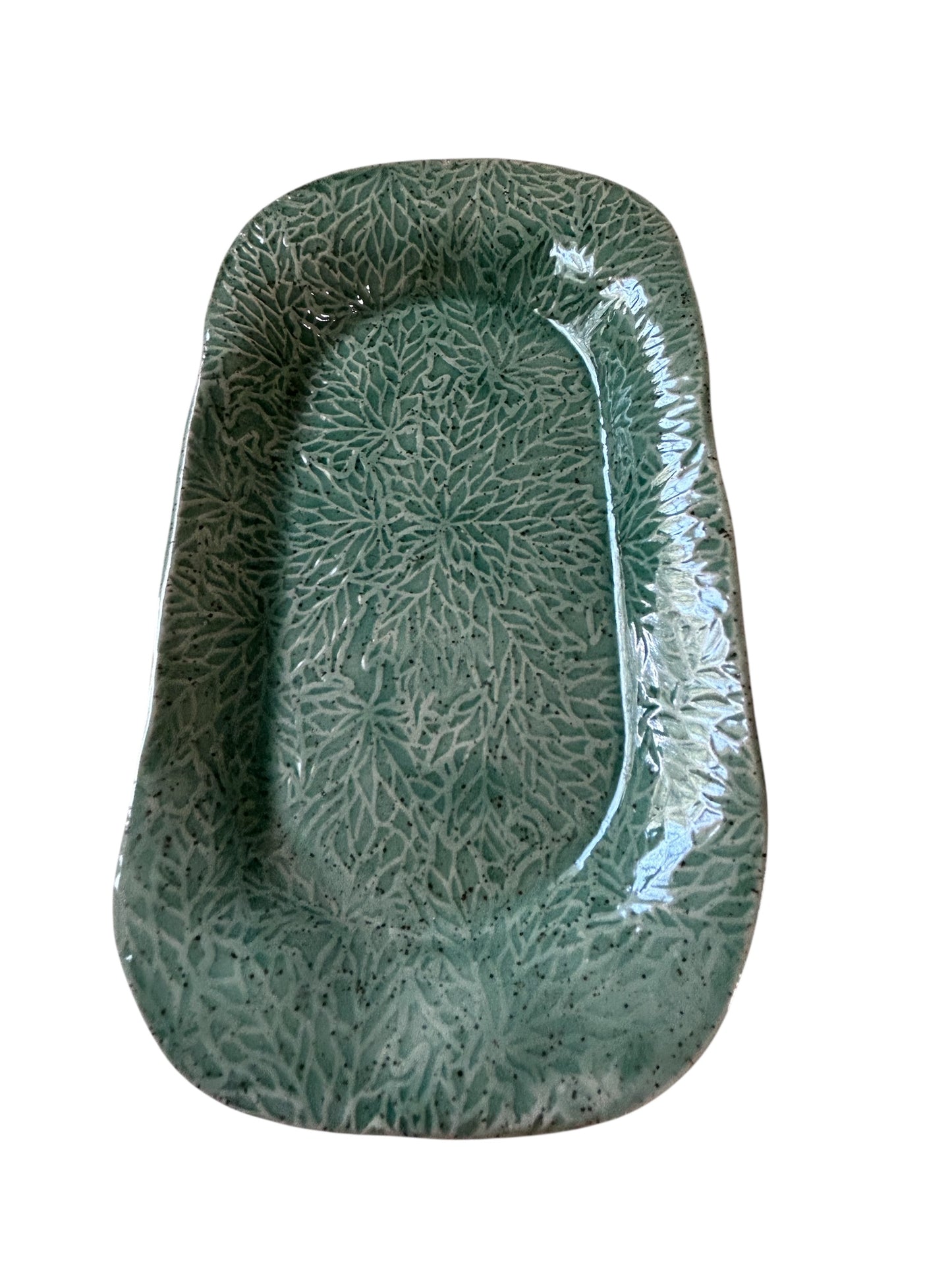 Medium Textured Treat Tray #20 with Impressed Leaves Designs in Jade Green