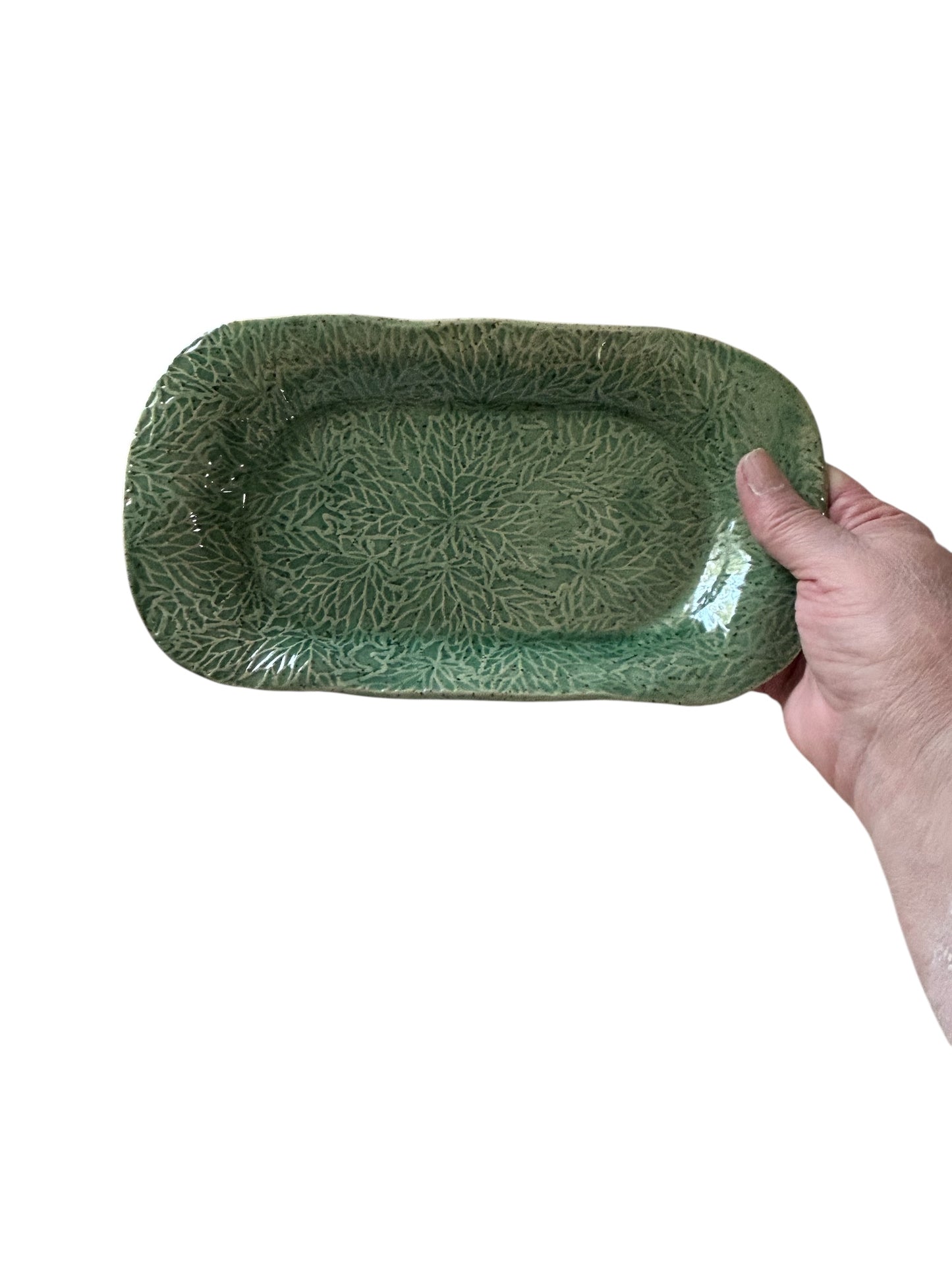 Medium Textured Treat Tray #20 with Impressed Leaves Designs in Jade Green