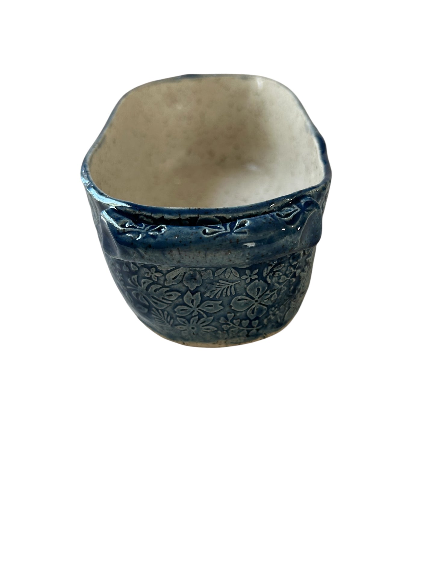 Small Rectangular Textured Casserole #3 with Floral Designs in Deep Ocean Blue