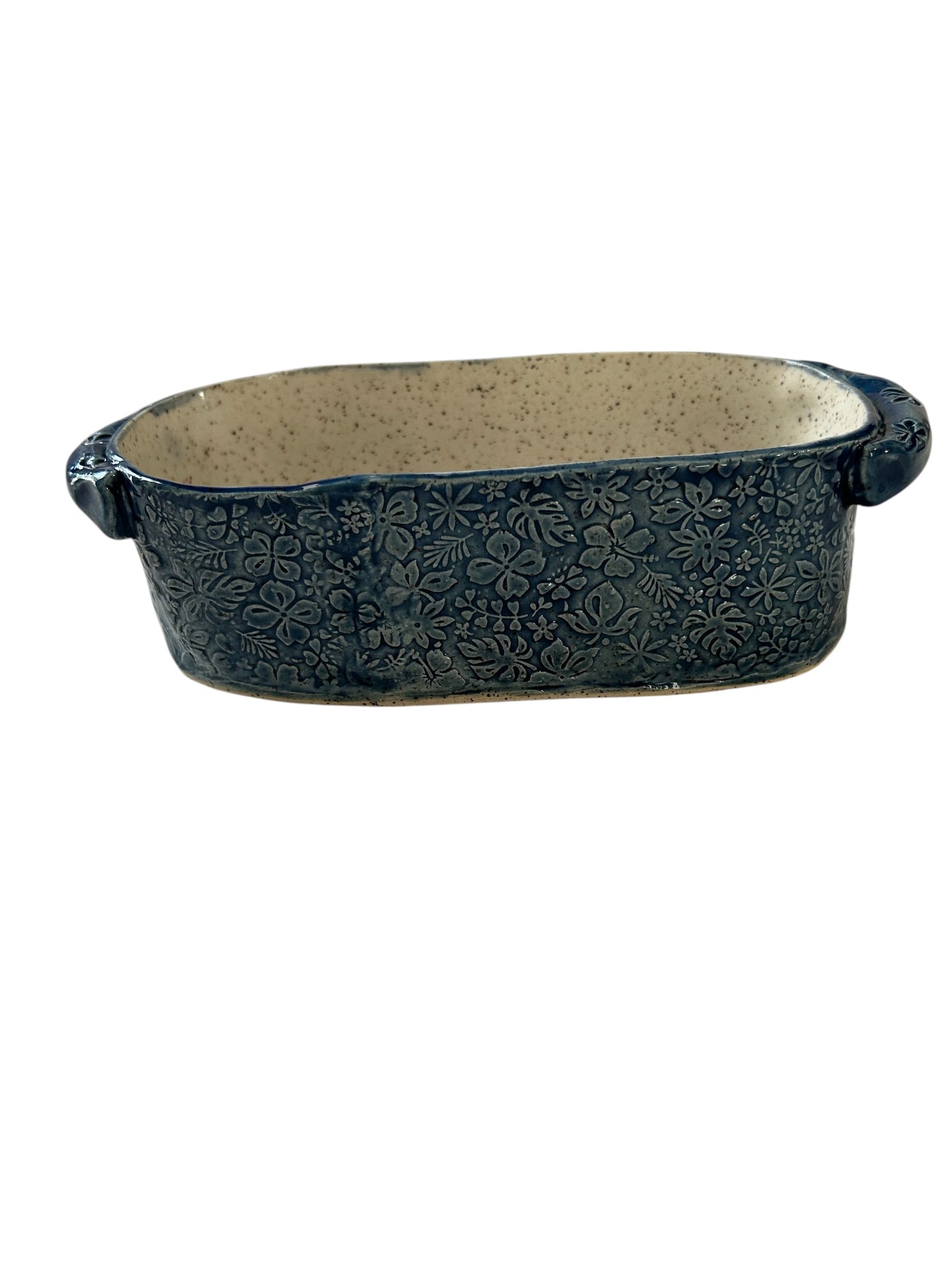 Small Rectangular Textured Casserole #3 with Floral Designs in Deep Ocean Blue