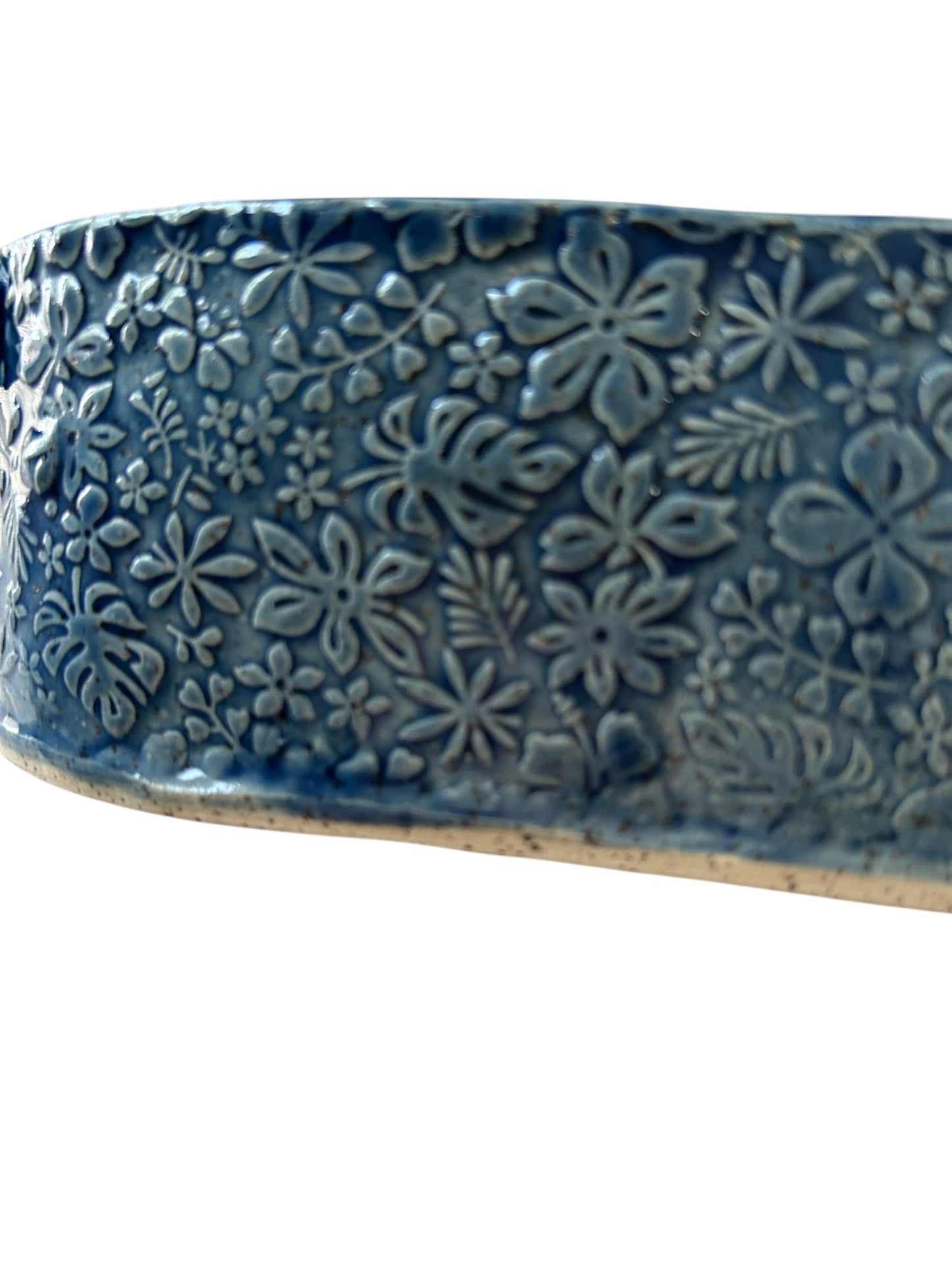 Small Rectangular Textured Casserole #3 with Floral Designs in Deep Ocean Blue