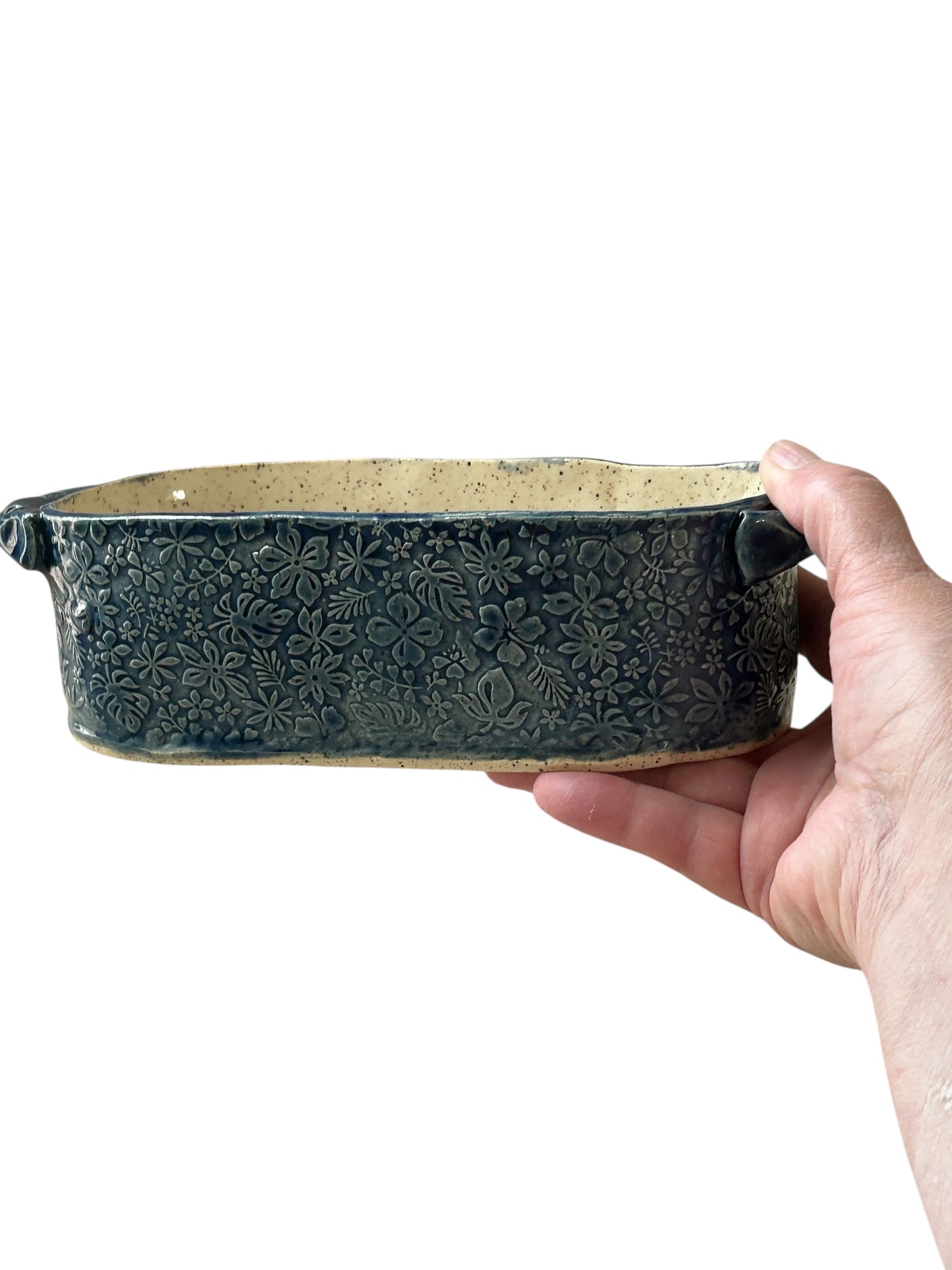 Small Rectangular Textured Casserole #3 with Floral Designs in Deep Ocean Blue