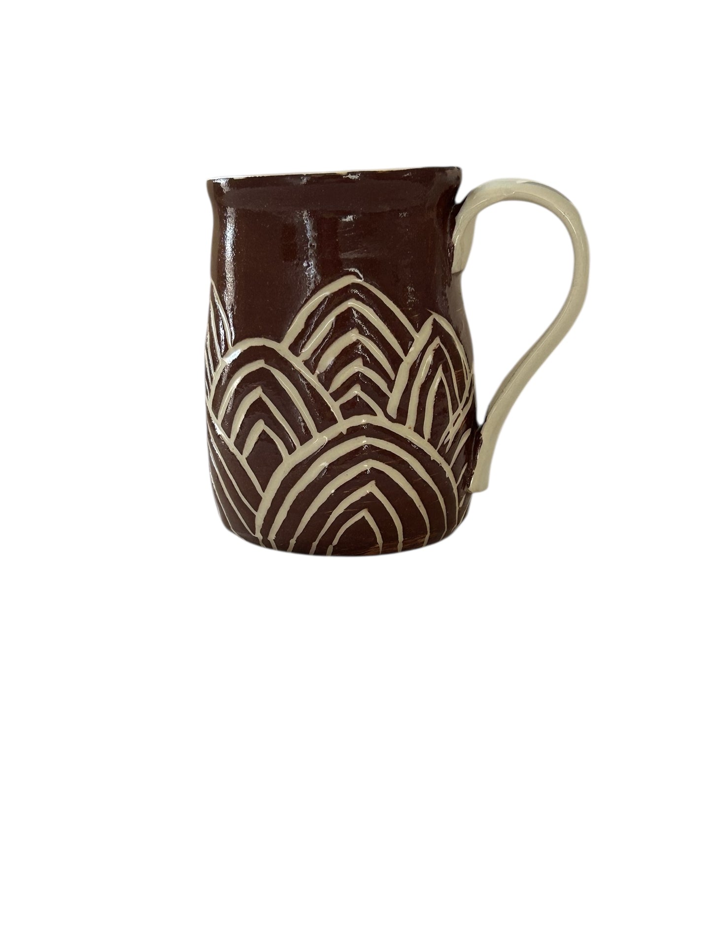 Sgriffito Mug #34 with Carved Art Deco Designs in Brown and Cream