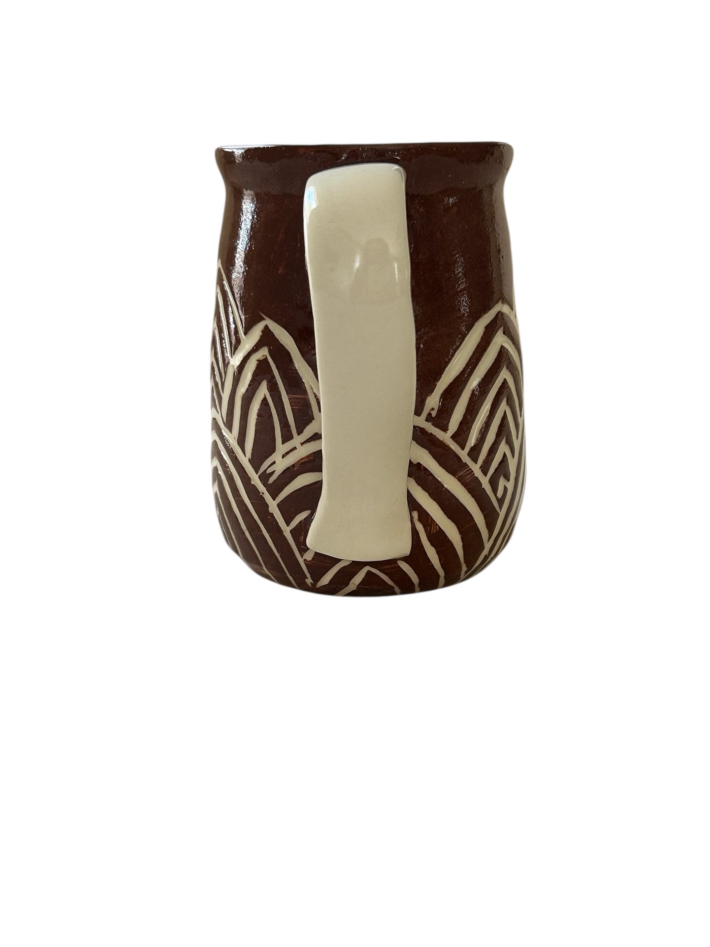 Sgriffito Mug #34 with Carved Art Deco Designs in Brown and Cream