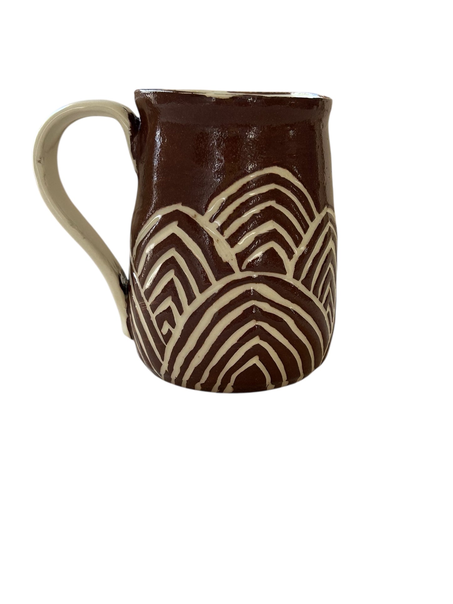 Sgriffito Mug #34 with Carved Art Deco Designs in Brown and Cream