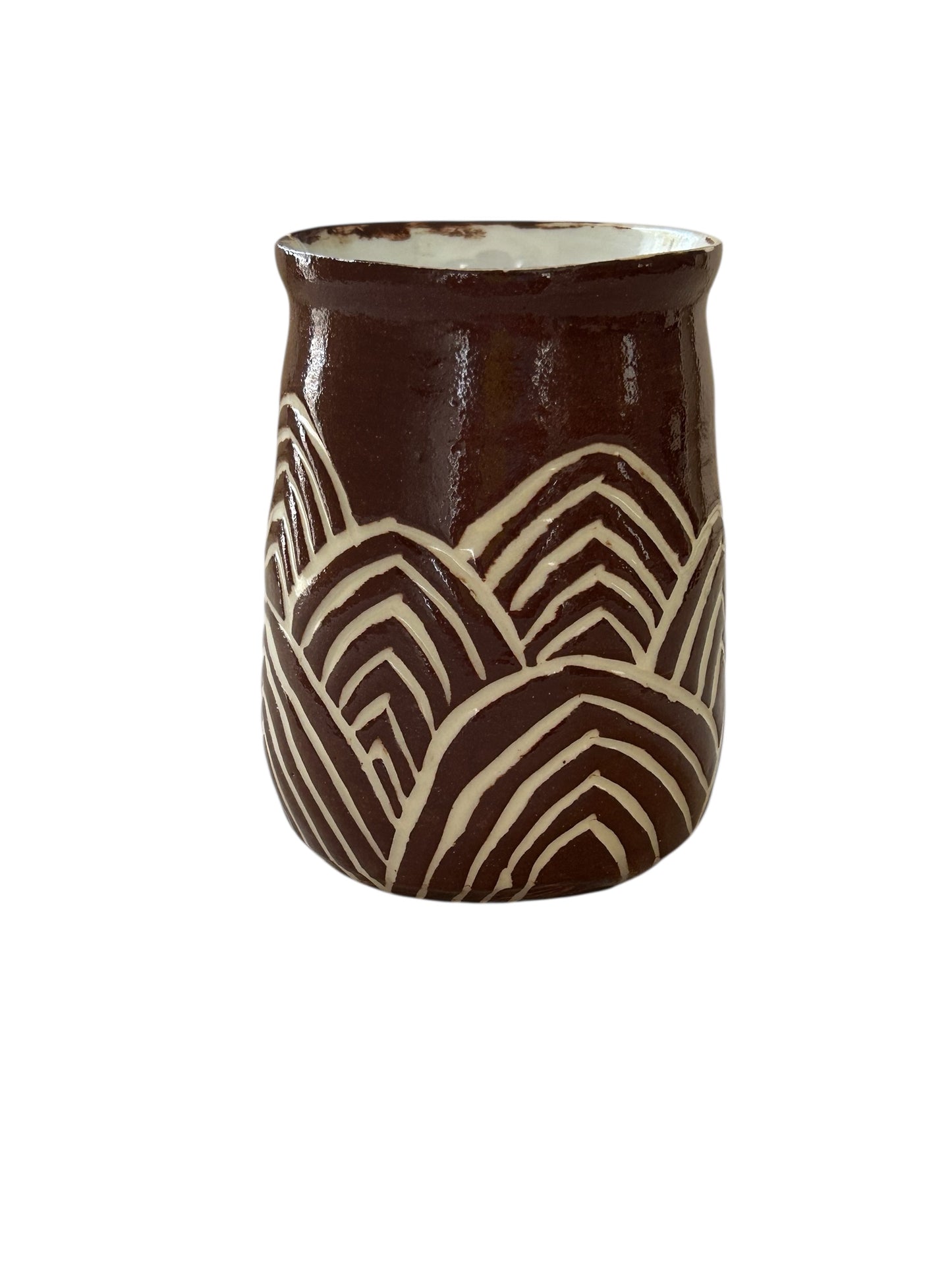 Sgriffito Mug #34 with Carved Art Deco Designs in Brown and Cream