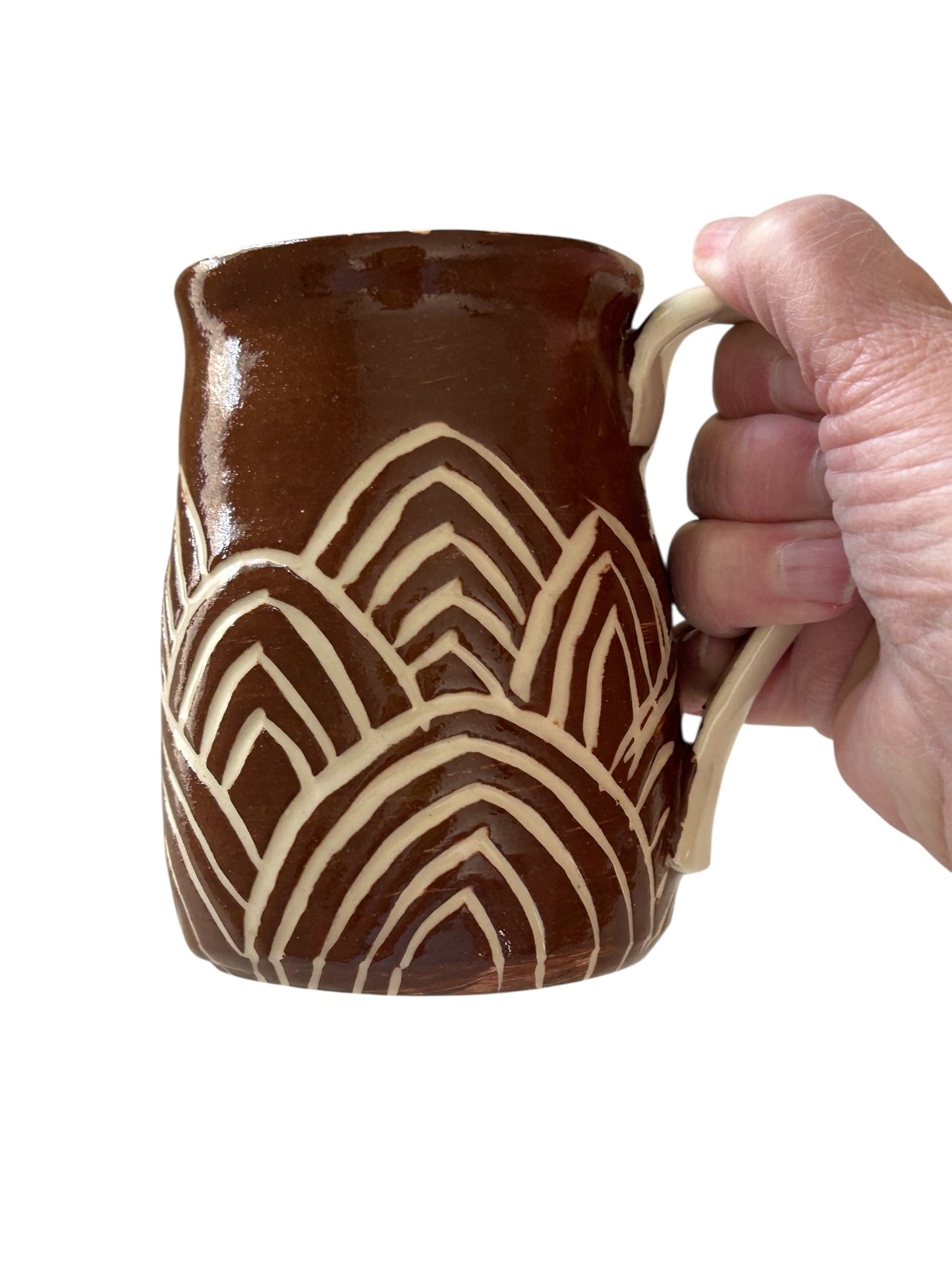 Sgriffito Mug #34 with Carved Art Deco Designs in Brown and Cream