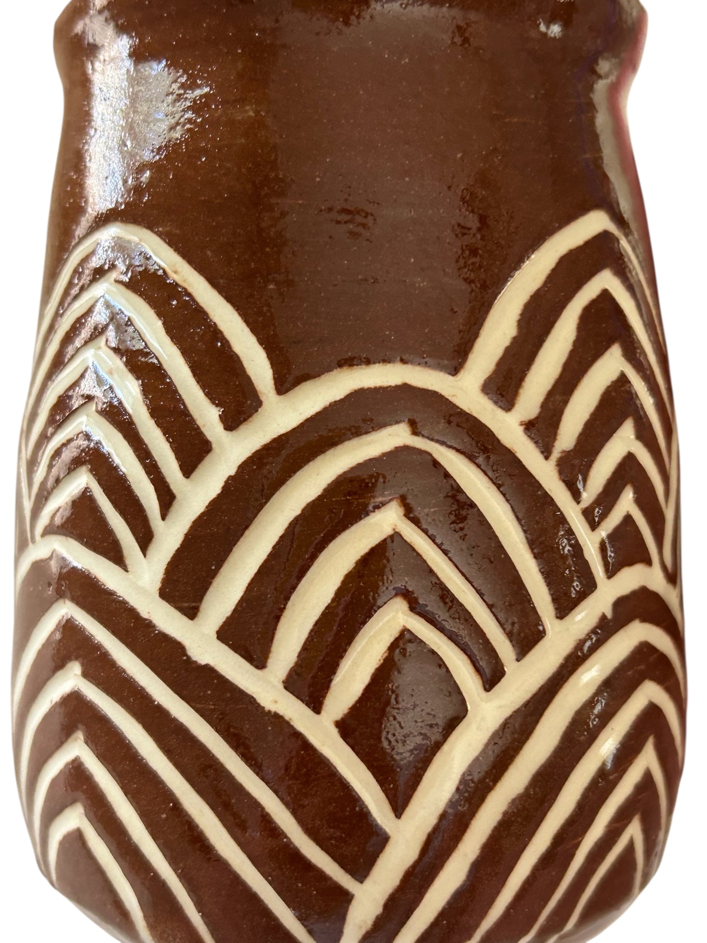 Sgriffito Mug #34 with Carved Art Deco Designs in Brown and Cream