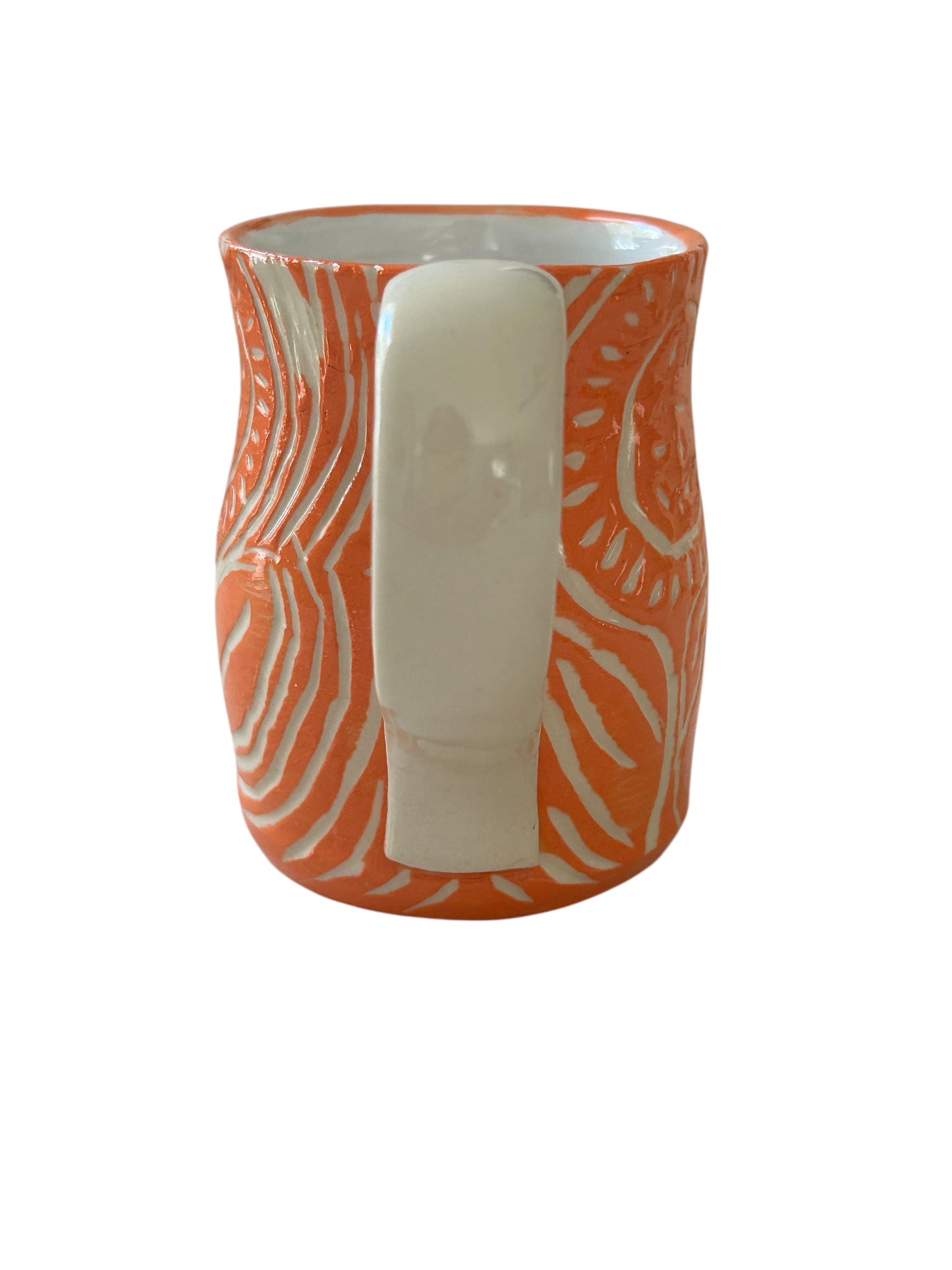 Sgraffito Mug #35 with Carved Art Deco Designs in Orange and Cream