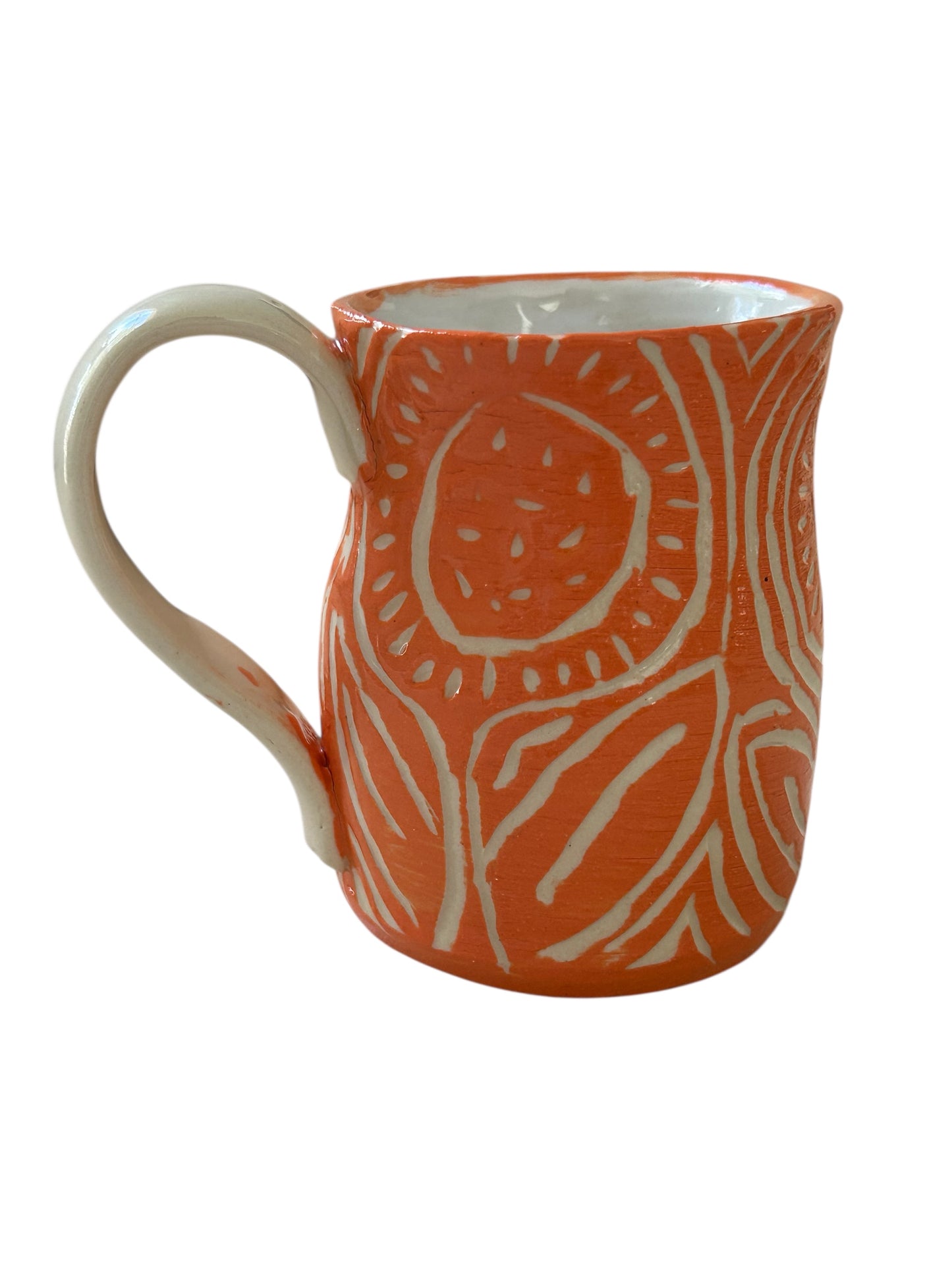 Sgraffito Mug #35 with Carved Art Deco Designs in Orange and Cream