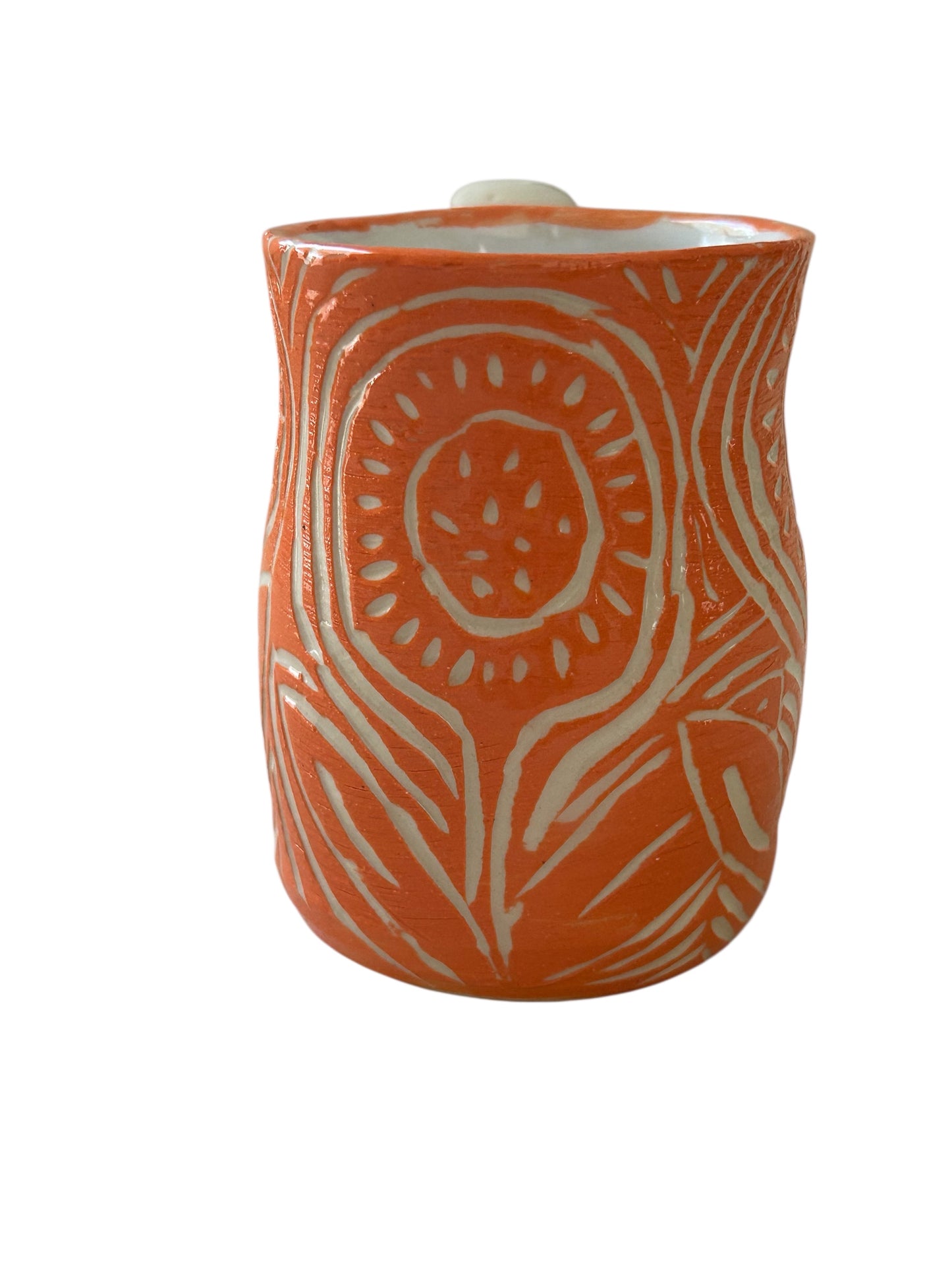 Sgraffito Mug #35 with Carved Art Deco Designs in Orange and Cream