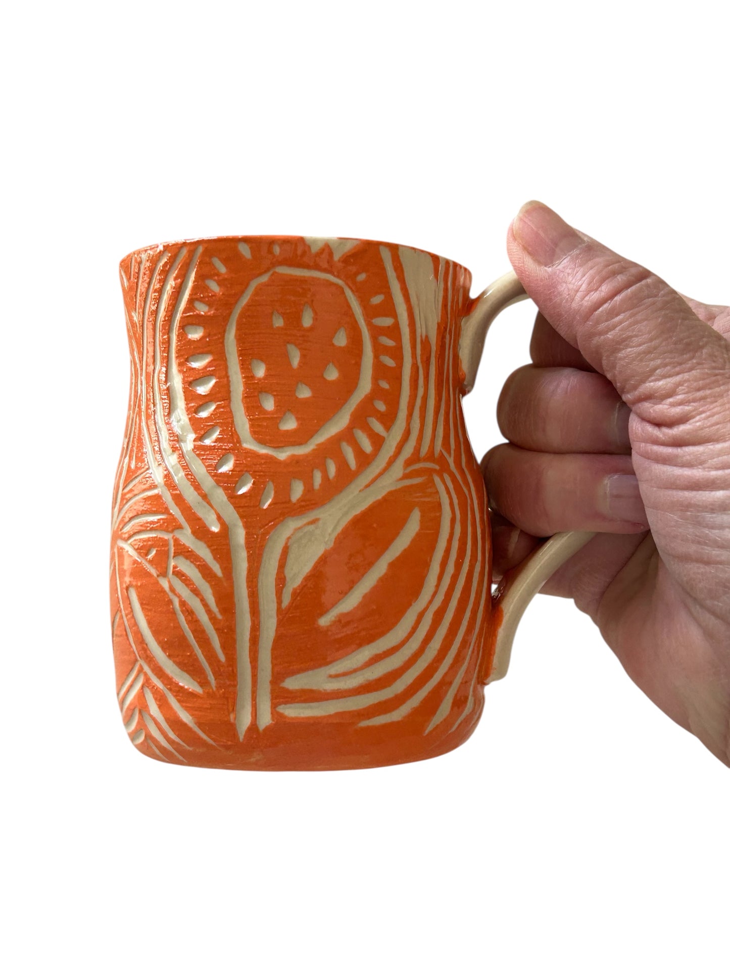 Sgraffito Mug #35 with Carved Art Deco Designs in Orange and Cream
