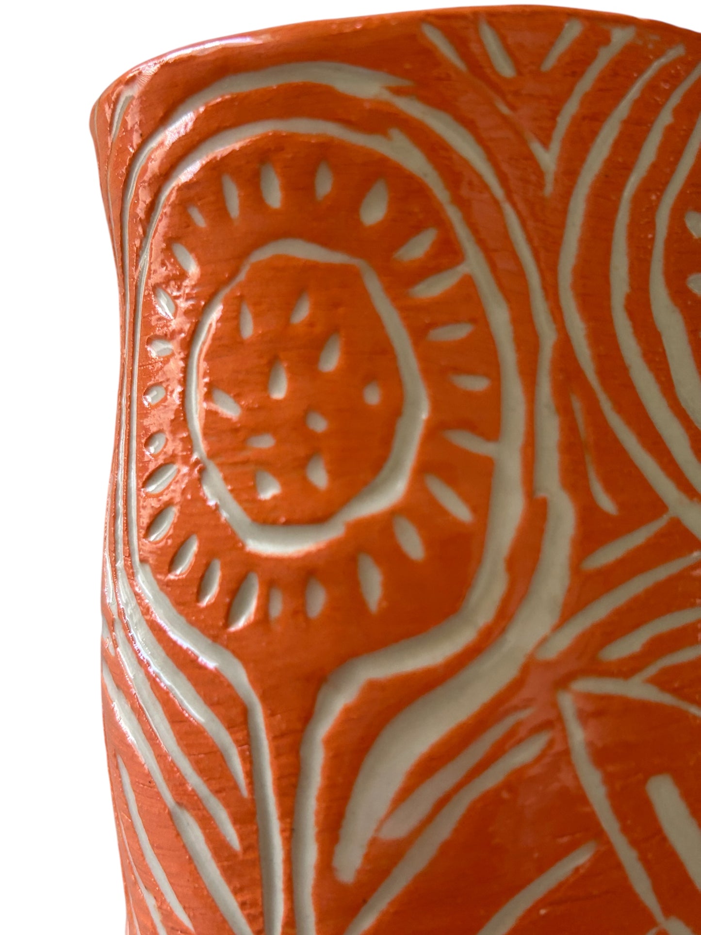 Sgraffito Mug #35 with Carved Art Deco Designs in Orange and Cream