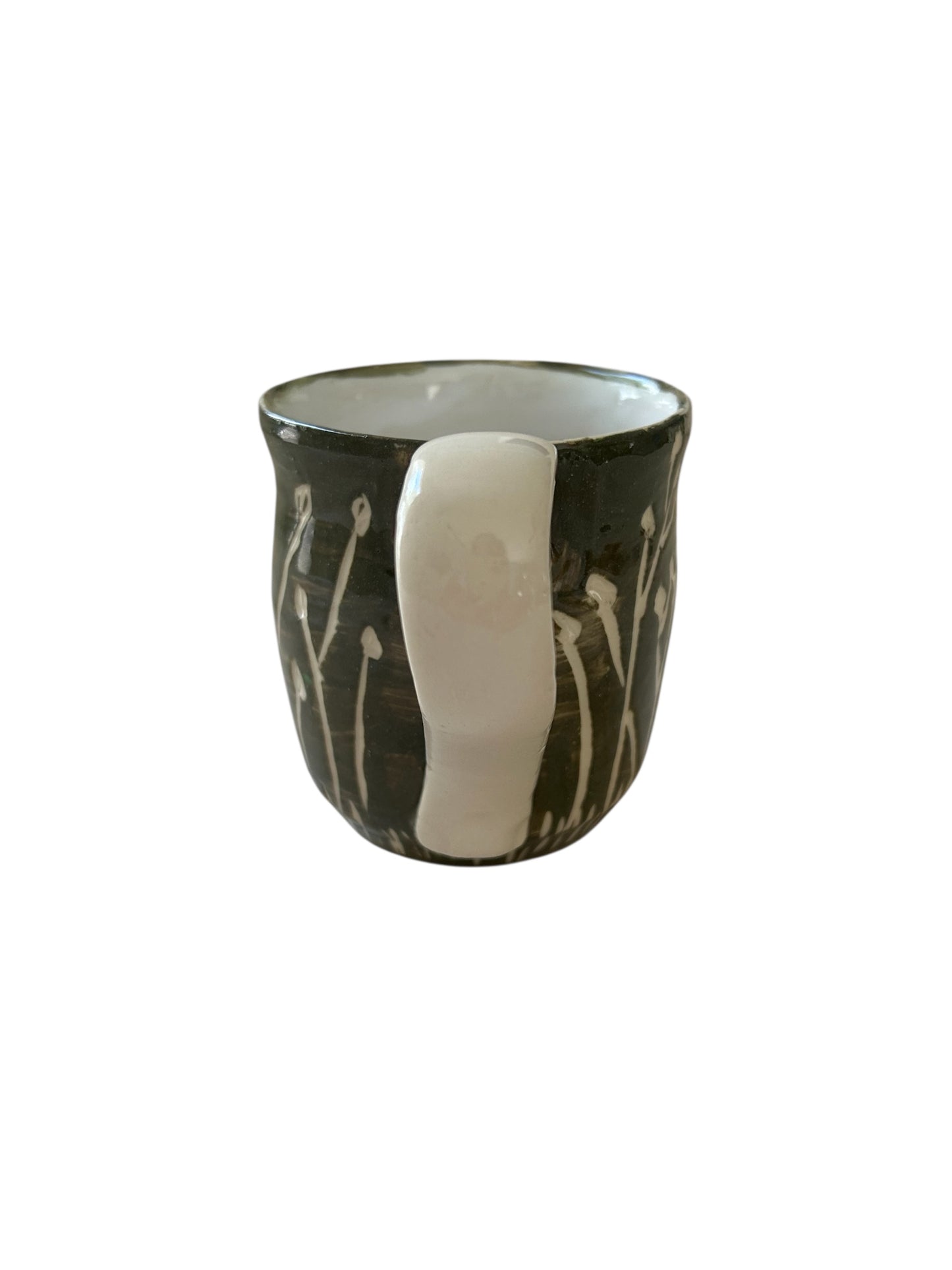 Sgraffito Mug #36 with Carved Fall Flower Designs in Dark Green