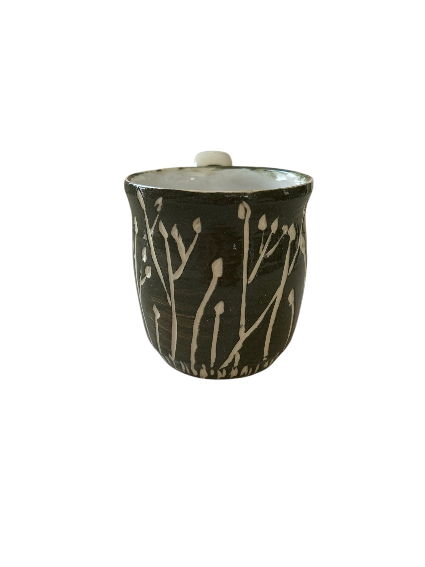 Sgraffito Mug #36 with Carved Fall Flower Designs in Dark Green