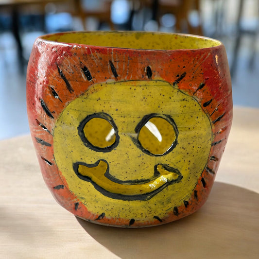 Luminary Candle Holder #1 with Carved Retro Smiley Face and Peace Symbol in Rainbow