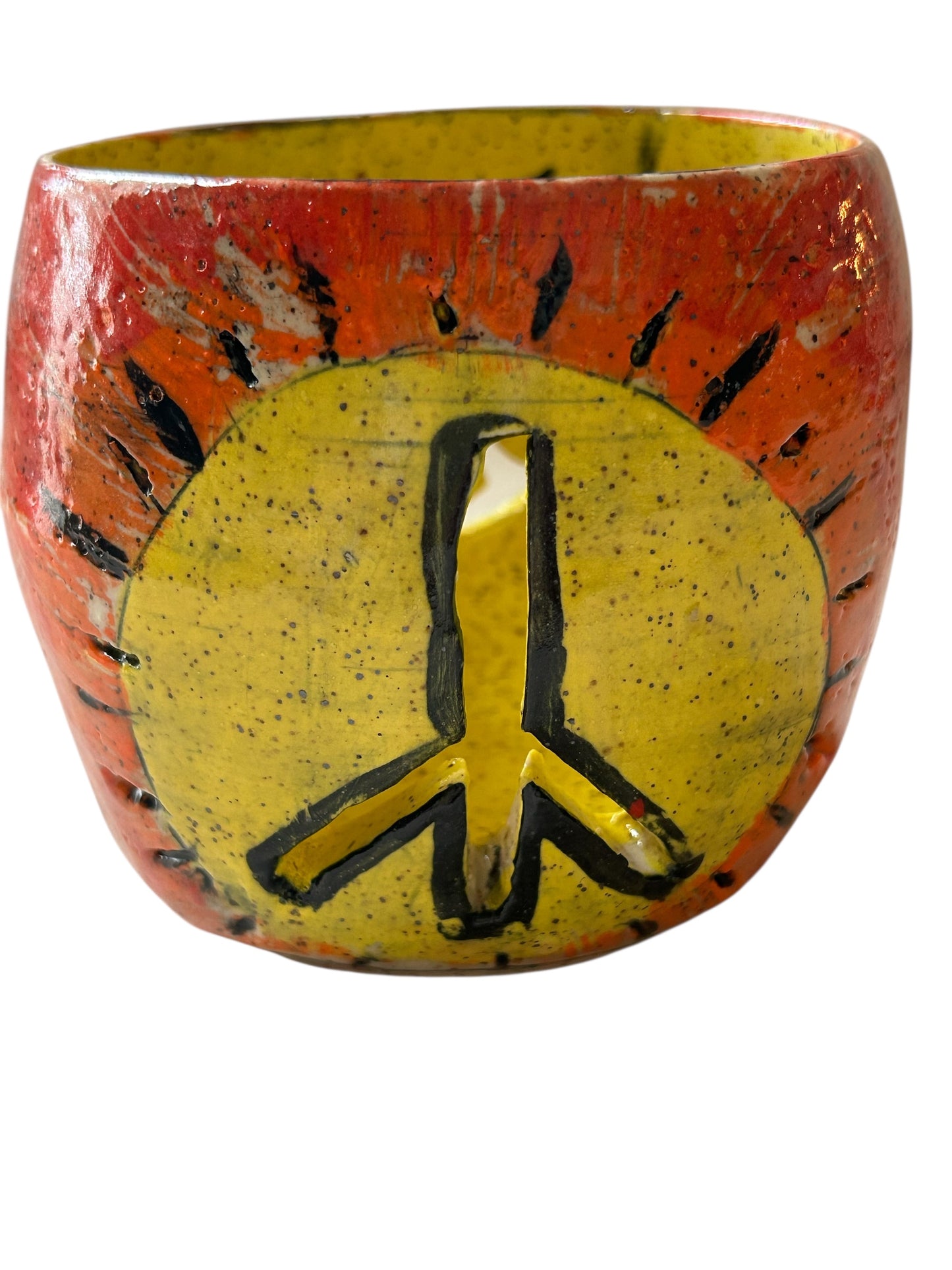 Luminary Candle Holder #1 with Carved Retro Smiley Face and Peace Symbol in Rainbow