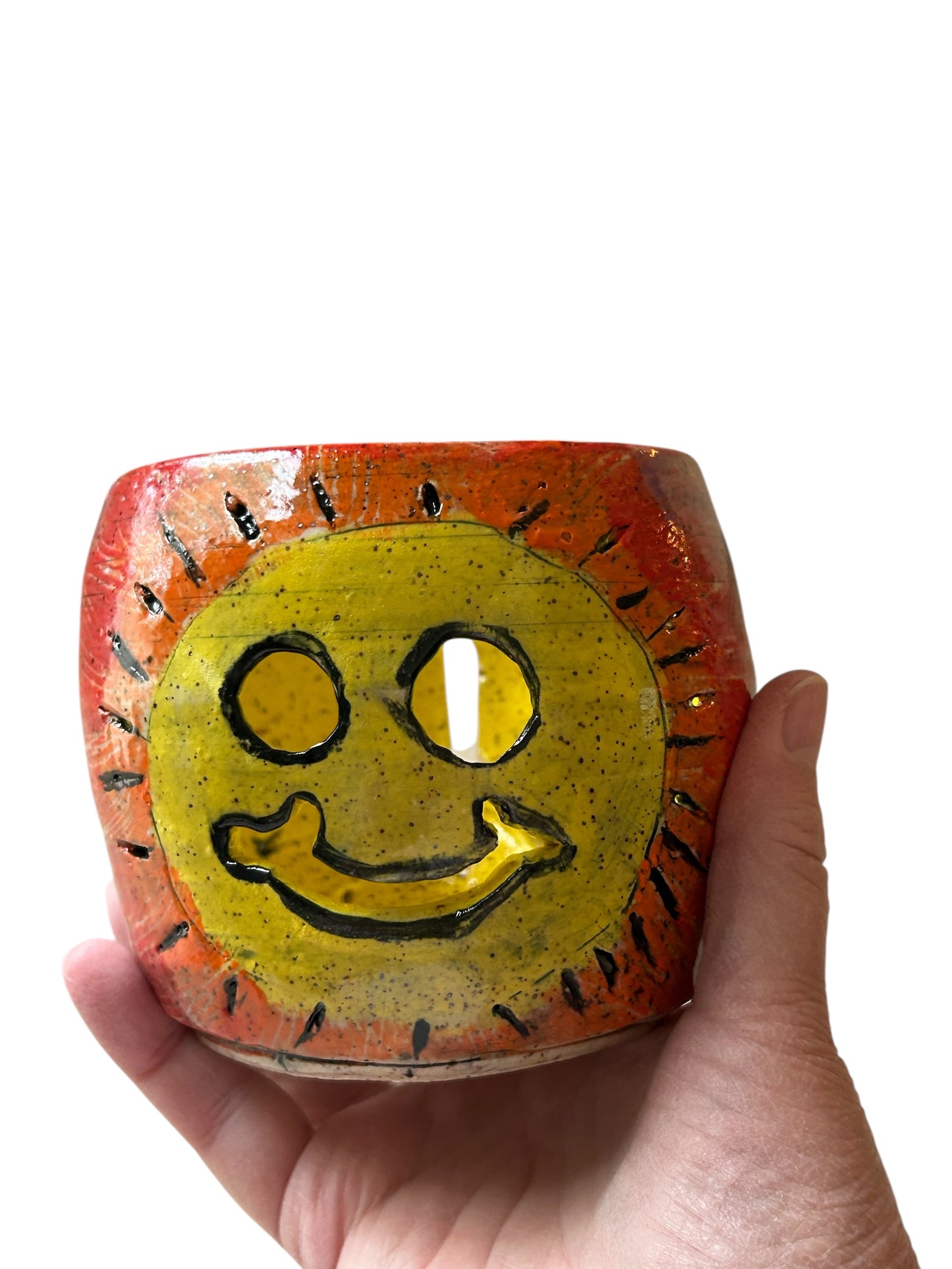 Luminary Candle Holder #1 with Carved Retro Smiley Face and Peace Symbol in Rainbow