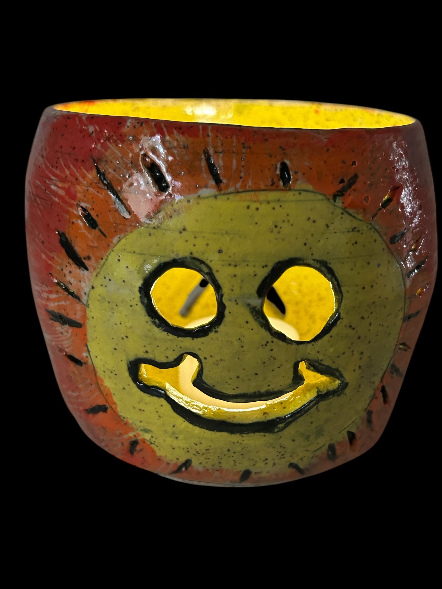 Luminary Candle Holder #1 with Carved Retro Smiley Face and Peace Symbol in Rainbow