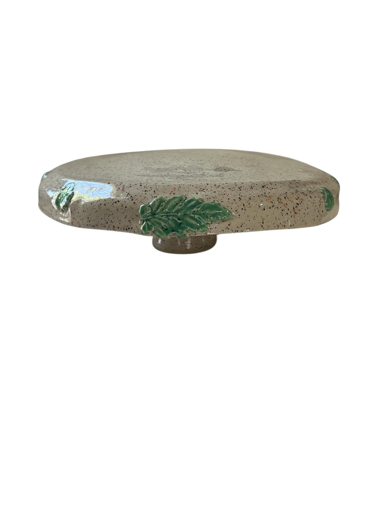 Handbuilt Cake Stand #1 with Sprigged Leaves on Speckled White Glaze
