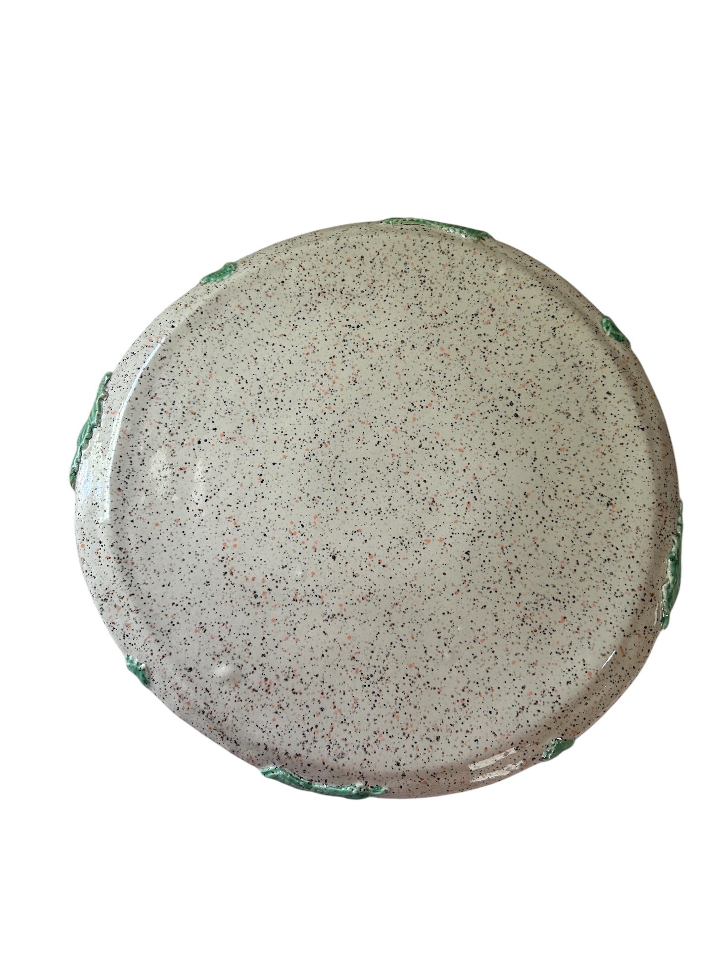 Handbuilt Cake Stand #1 with Sprigged Leaves on Speckled White Glaze