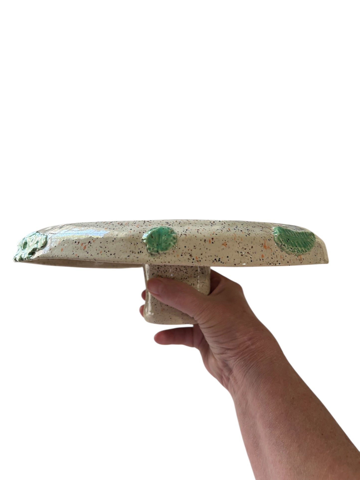 Handbuilt Cake Stand #1 with Sprigged Leaves on Speckled White Glaze