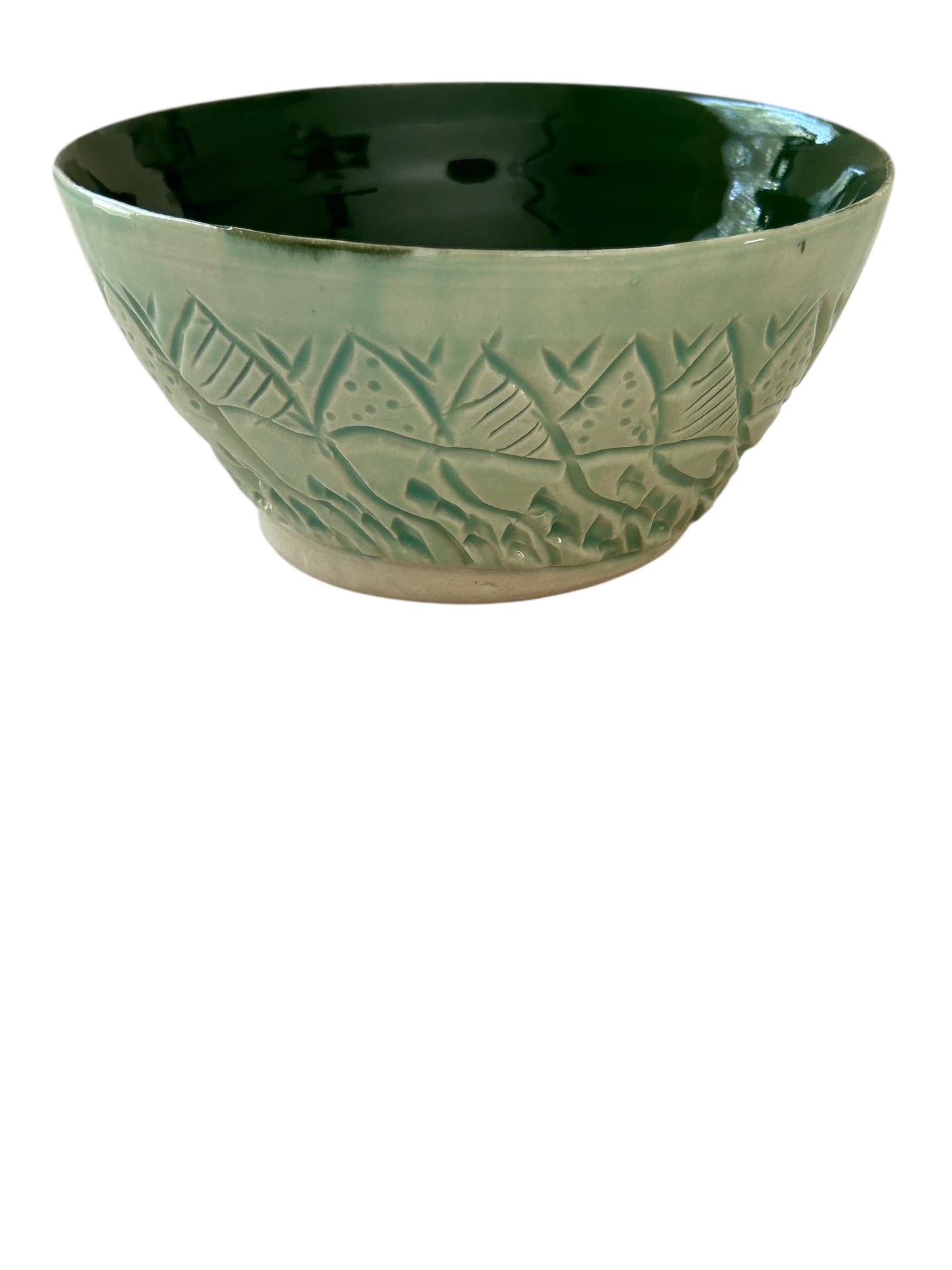 Small Carved Ice Cream Bowl #1 with Mountains and Trees in Translucent Green