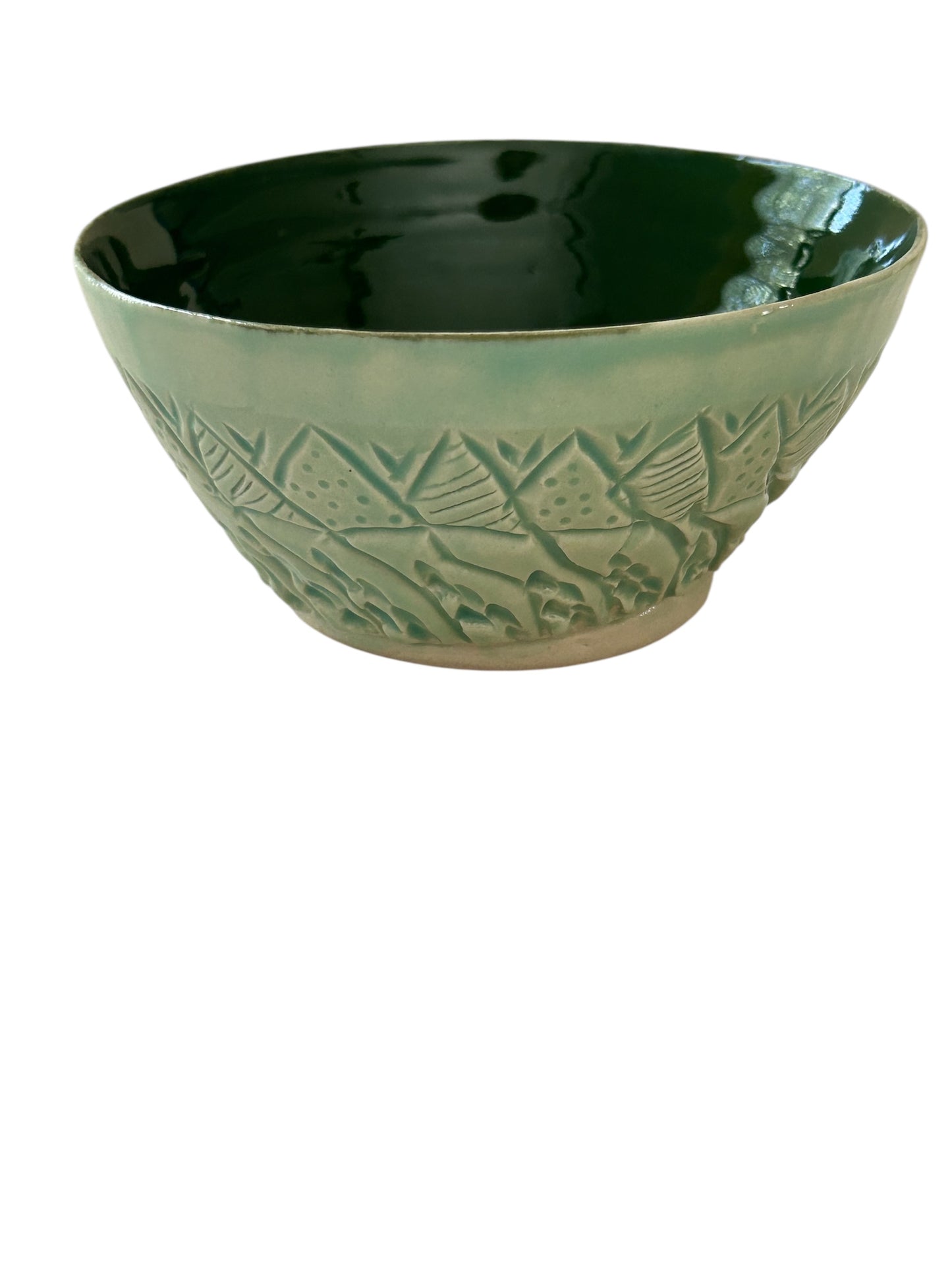 Small Carved Ice Cream Bowl #1 with Mountains and Trees in Translucent Green