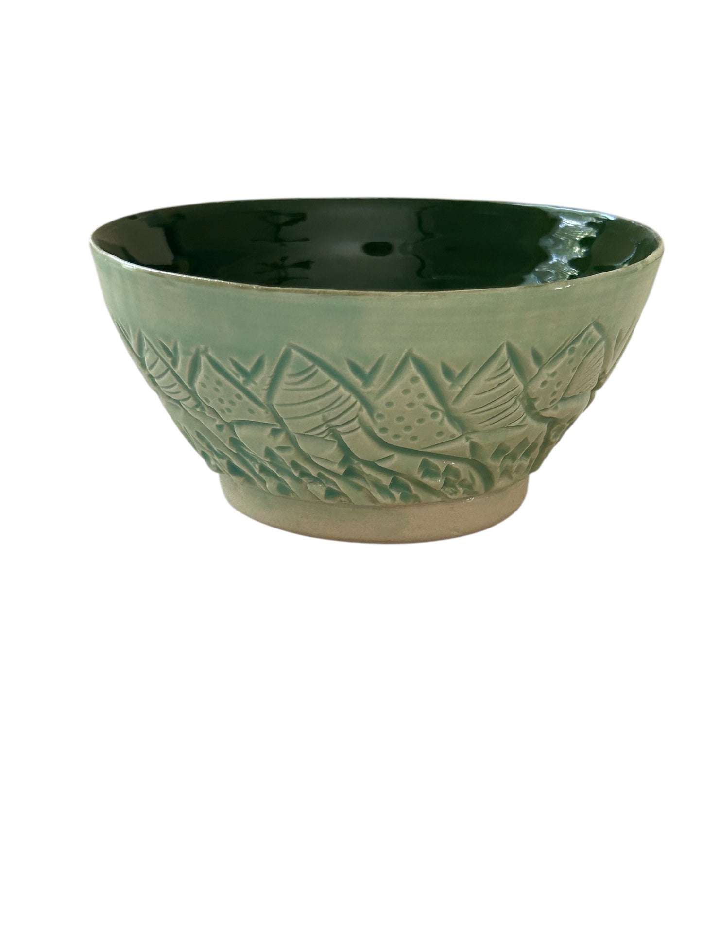 Small Carved Ice Cream Bowl #1 with Mountains and Trees in Translucent Green
