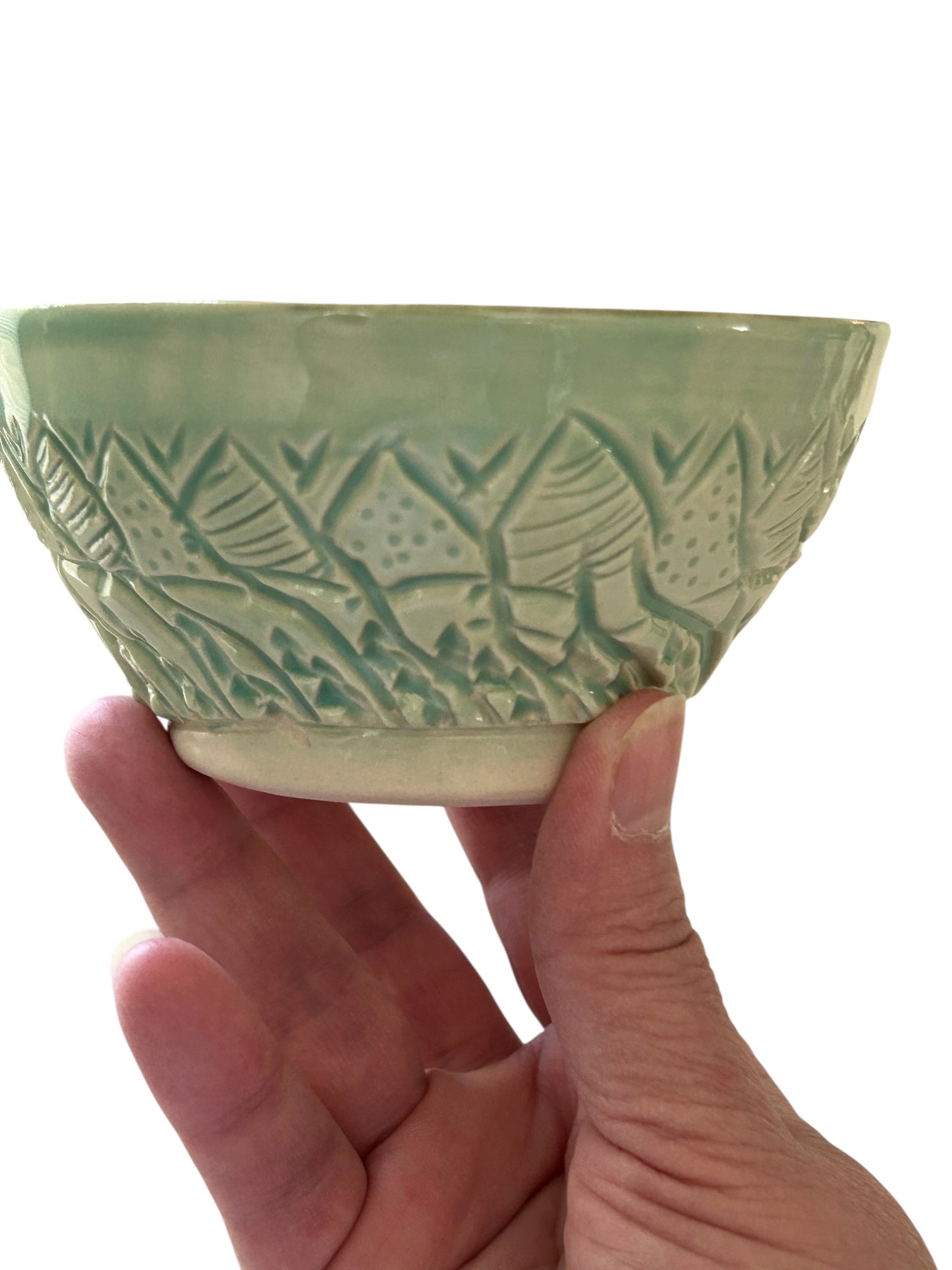 Small Carved Ice Cream Bowl #1 with Mountains and Trees in Translucent Green