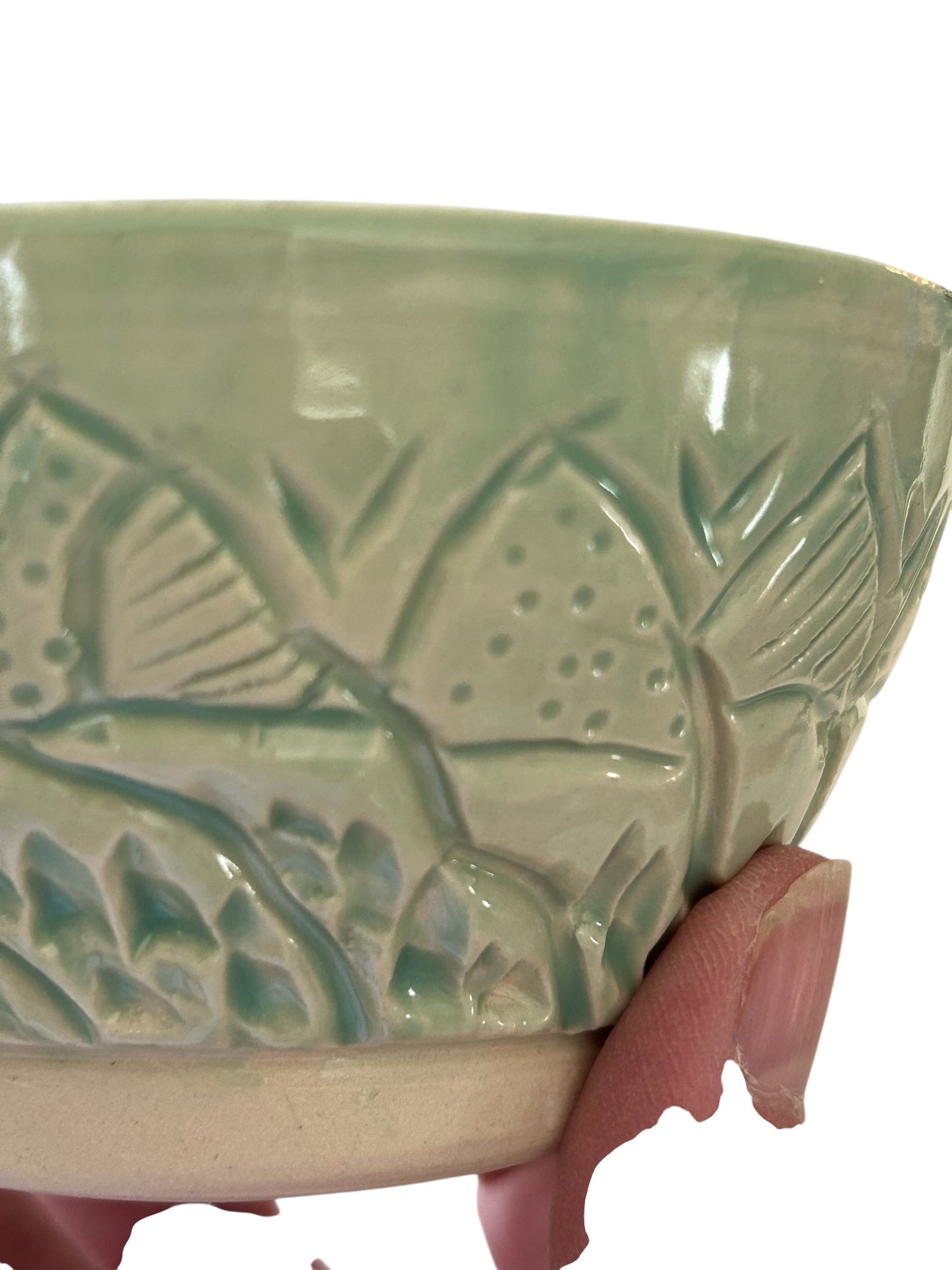 Small Carved Ice Cream Bowl #1 with Mountains and Trees in Translucent Green