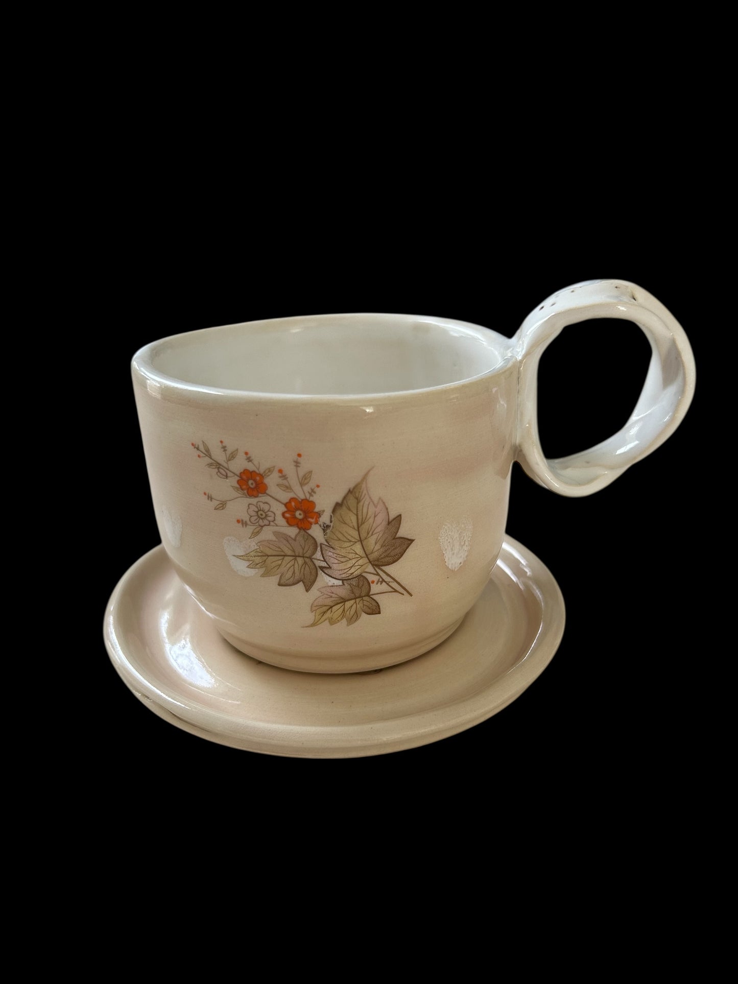 Woodland Tea Cup and Saucer #44 with Cute Raccoon, Fall Flowers, and Mushrooms