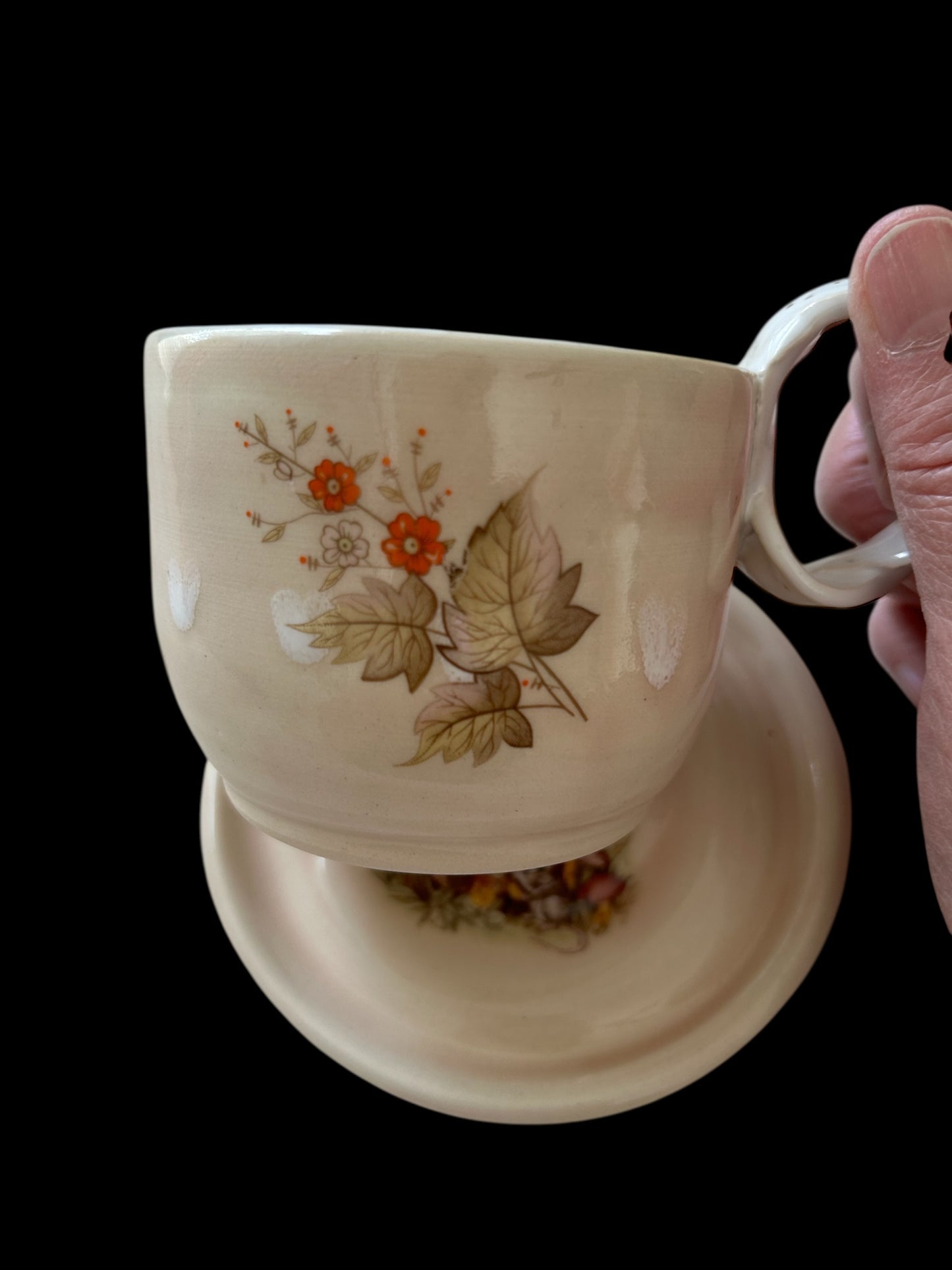 Woodland Tea Cup and Saucer #44 with Cute Raccoon, Fall Flowers, and Mushrooms