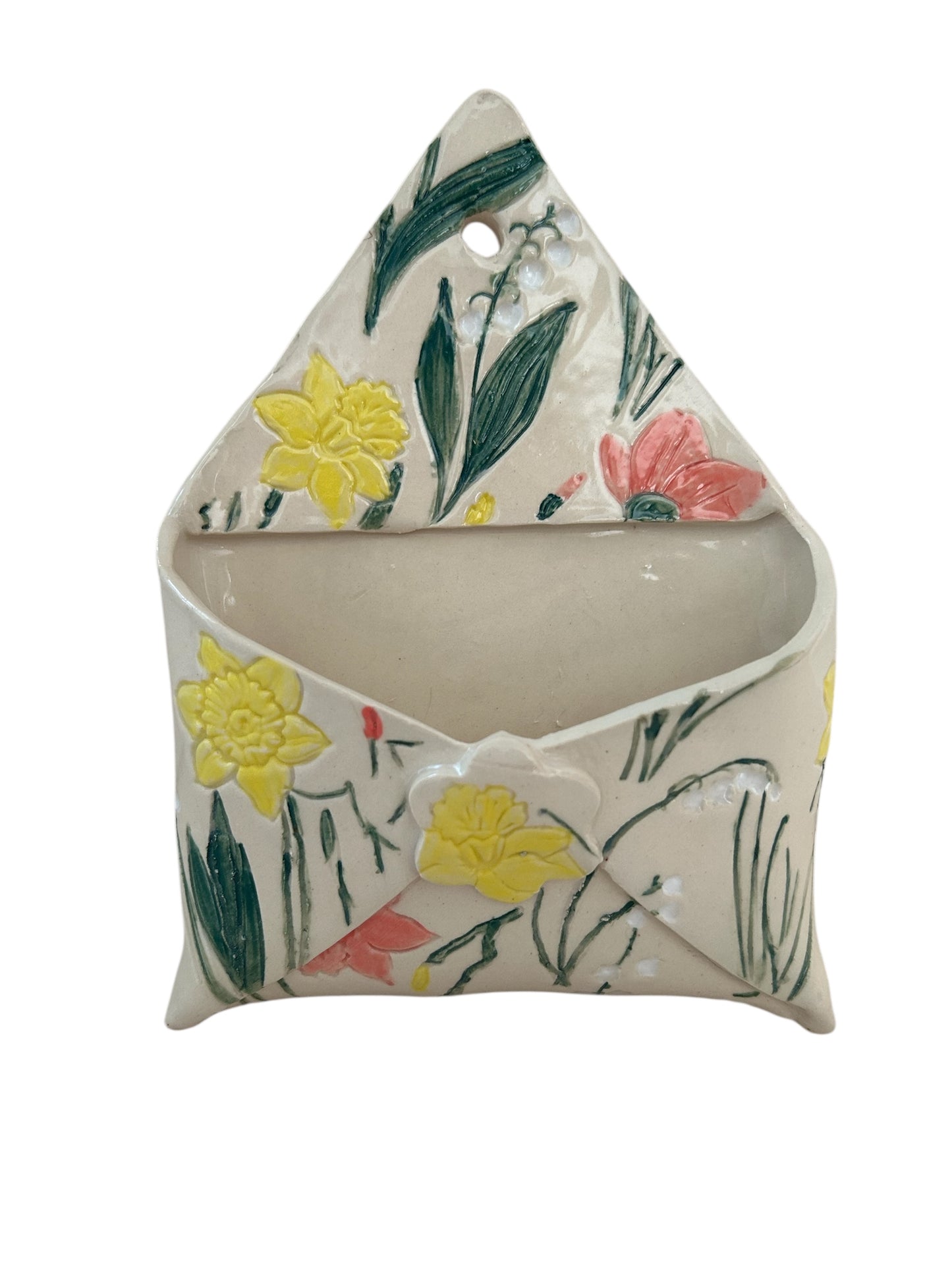 Textured and Hand-Painted Pocket Vase #52 with Poppies, Daffodils, and Lily of the Valley