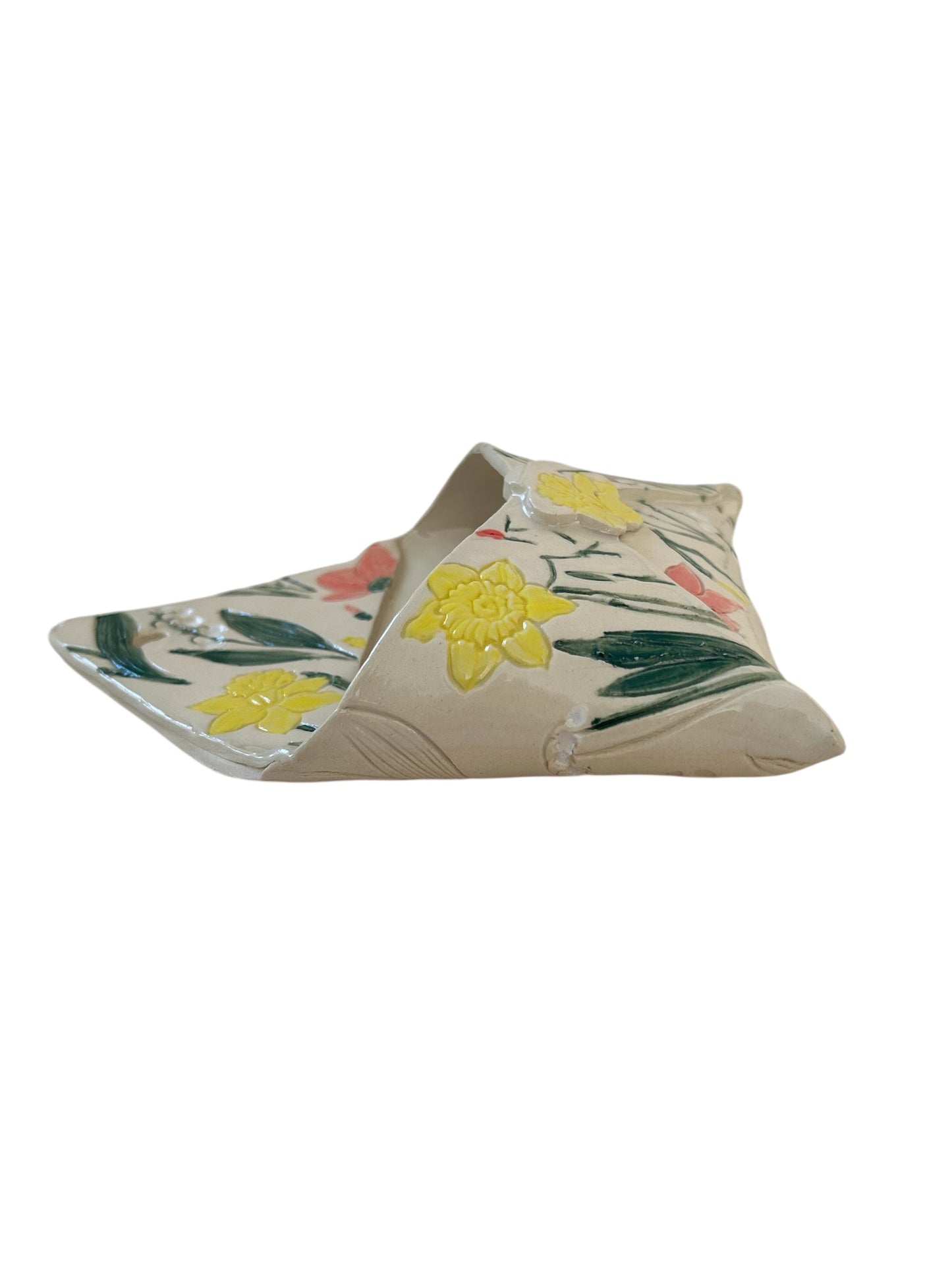 Textured and Hand-Painted Pocket Vase #52 with Poppies, Daffodils, and Lily of the Valley