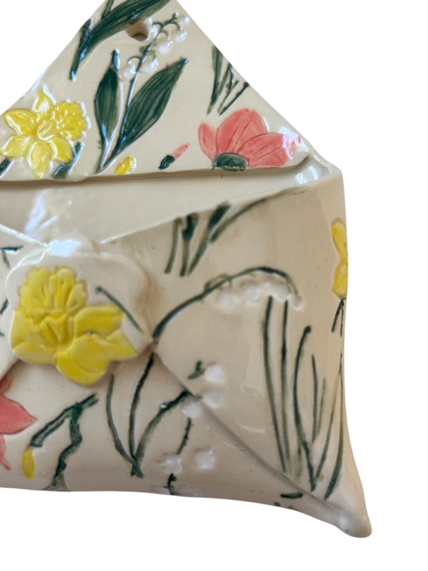 Textured and Hand-Painted Pocket Vase #52 with Poppies, Daffodils, and Lily of the Valley