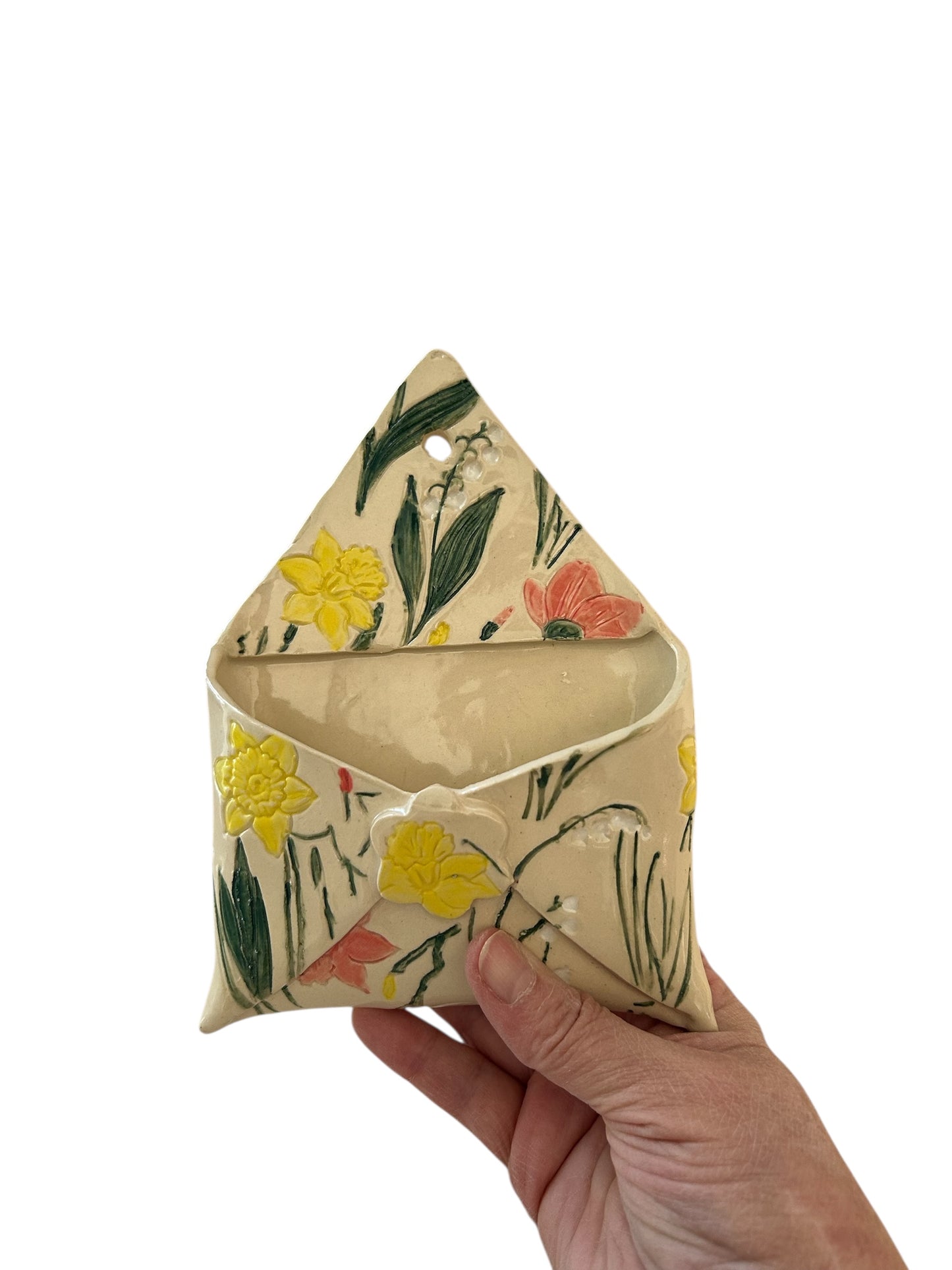 Textured and Hand-Painted Pocket Vase #52 with Poppies, Daffodils, and Lily of the Valley