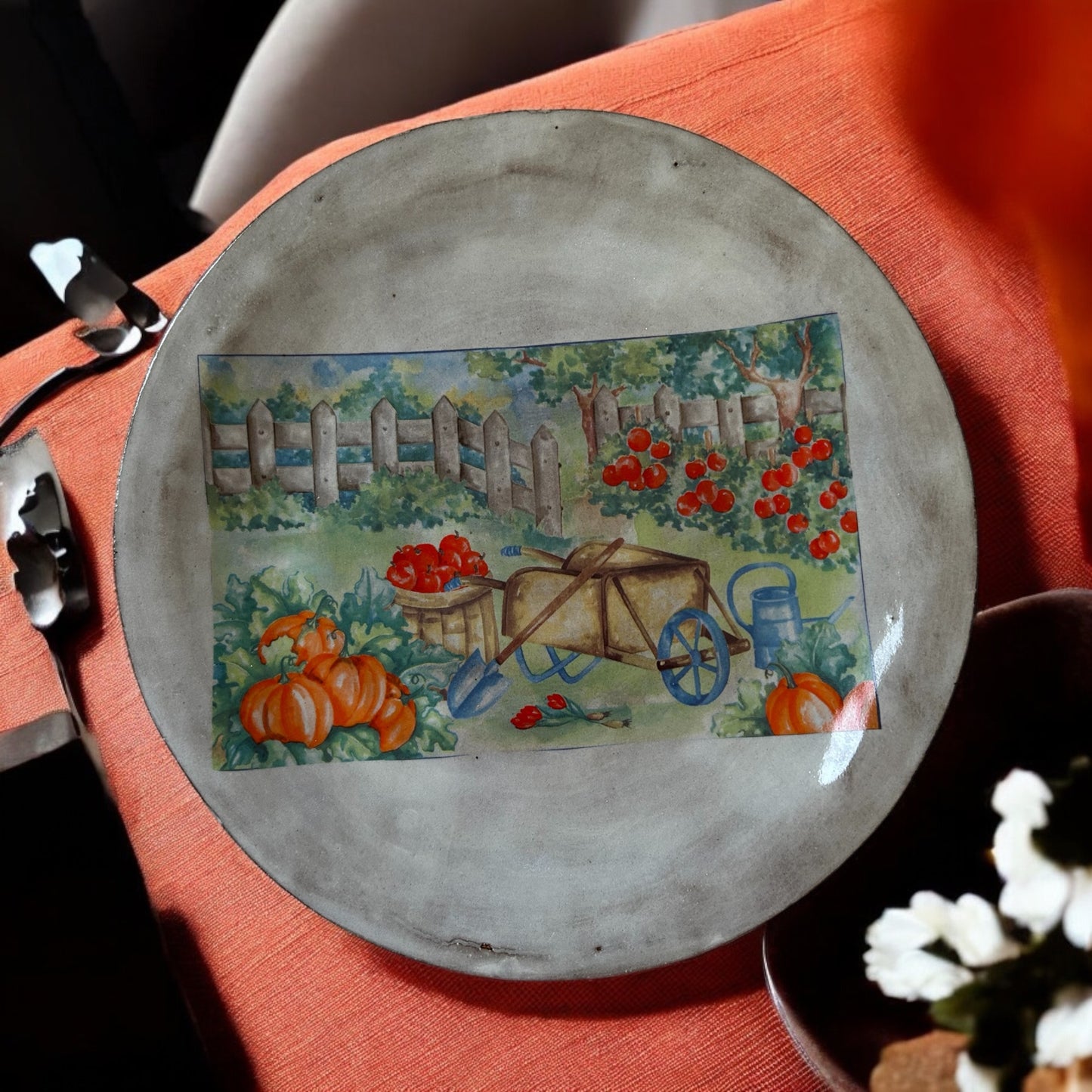 Country Platter #31 with Fall Harvest Design on Dark Stoneware HANDWASH ONLY