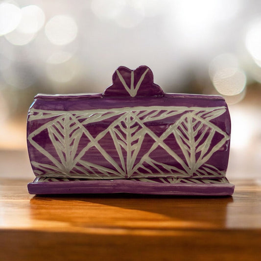 Carved Sgraffito Butter Dish #3 with Wheat Designs in Amethyst