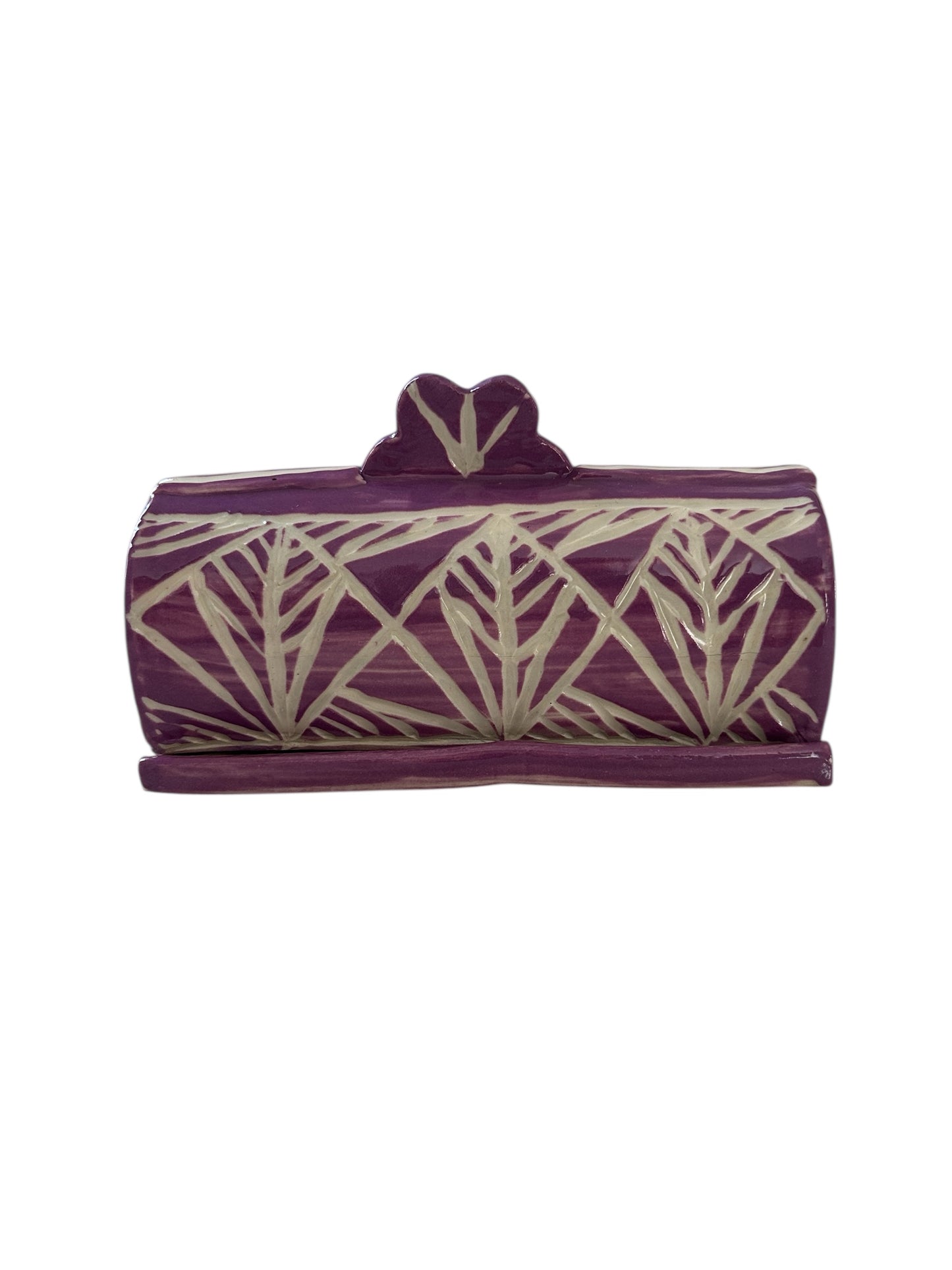 Carved Sgraffito Butter Dish #3 with Wheat Designs in Amethyst