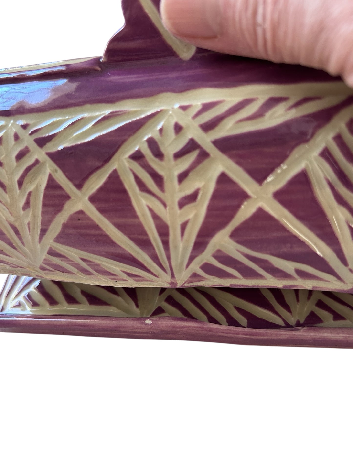 Carved Sgraffito Butter Dish #3 with Wheat Designs in Amethyst