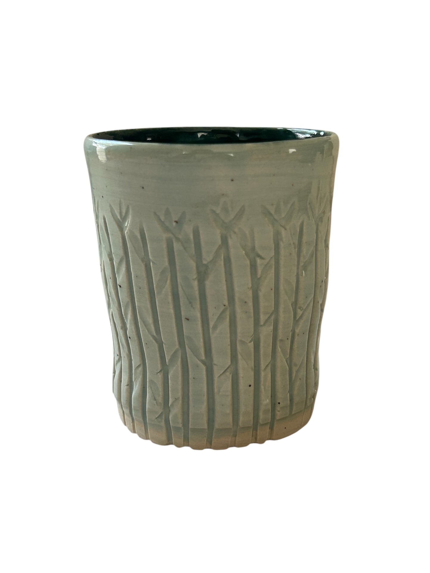 Medium Carved Cup #3 with Winter Tree Tops Designs in Teal Green