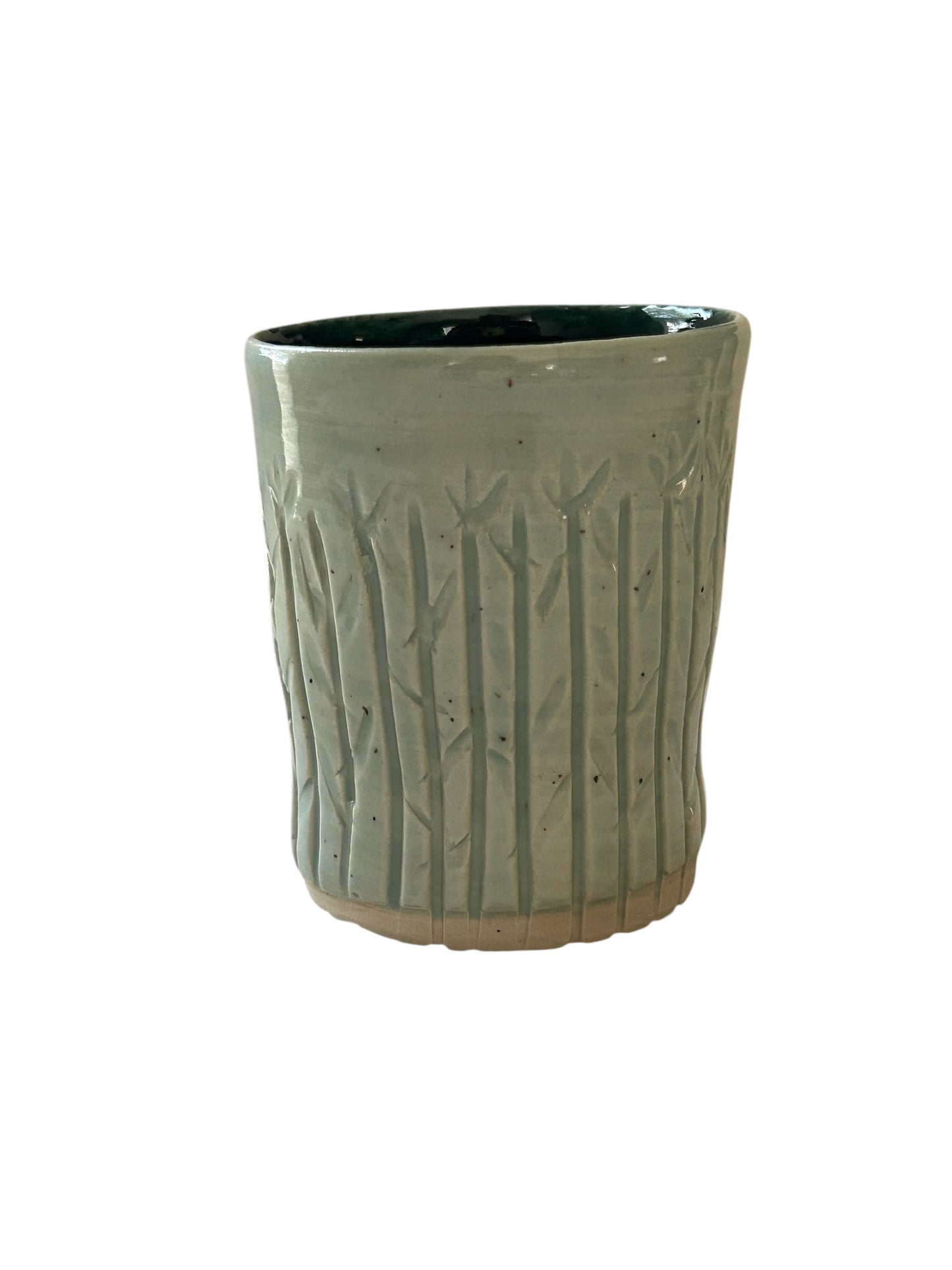 Medium Carved Cup #3 with Winter Tree Tops Designs in Teal Green