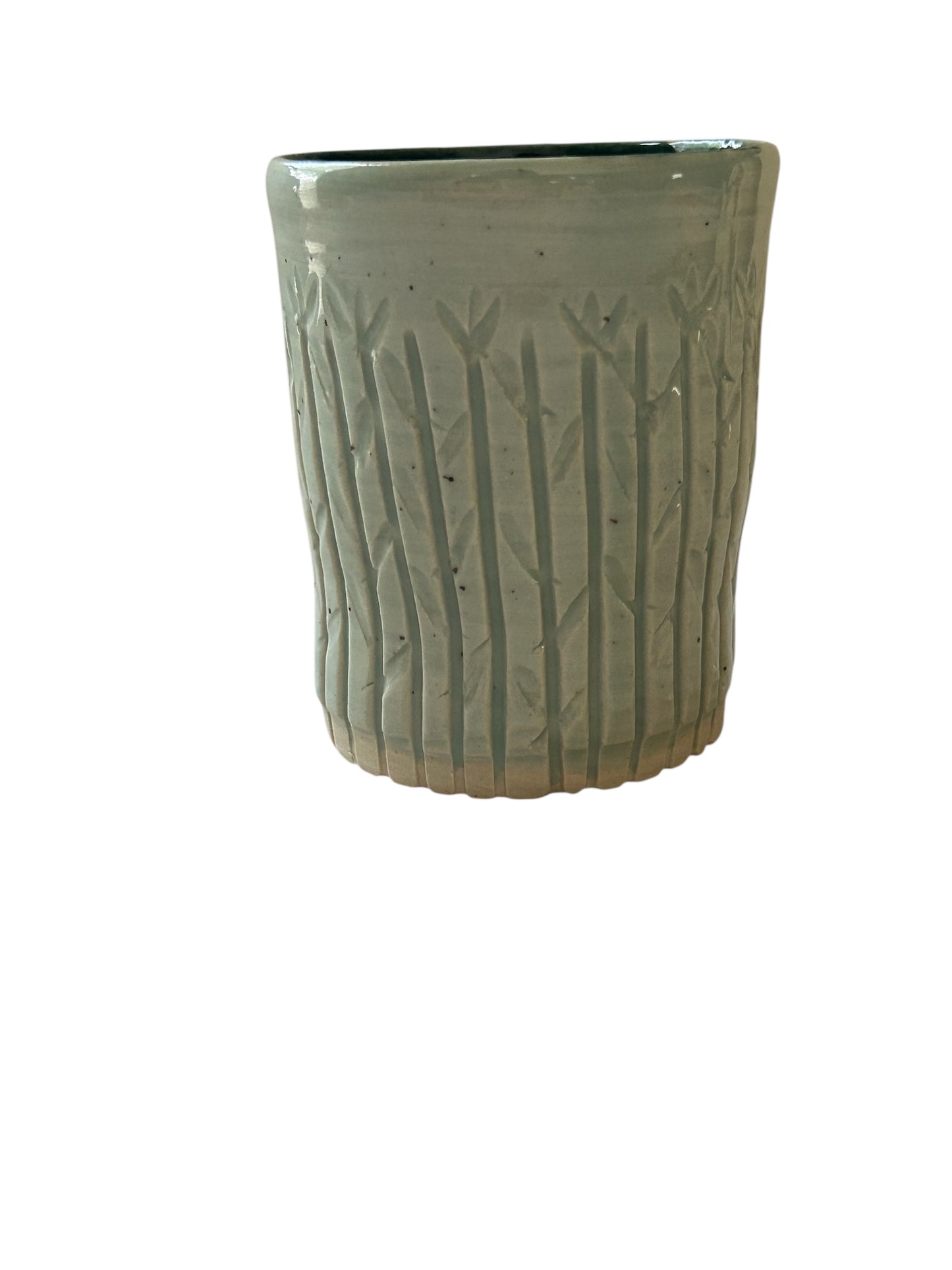 Medium Carved Cup #3 with Winter Tree Tops Designs in Teal Green