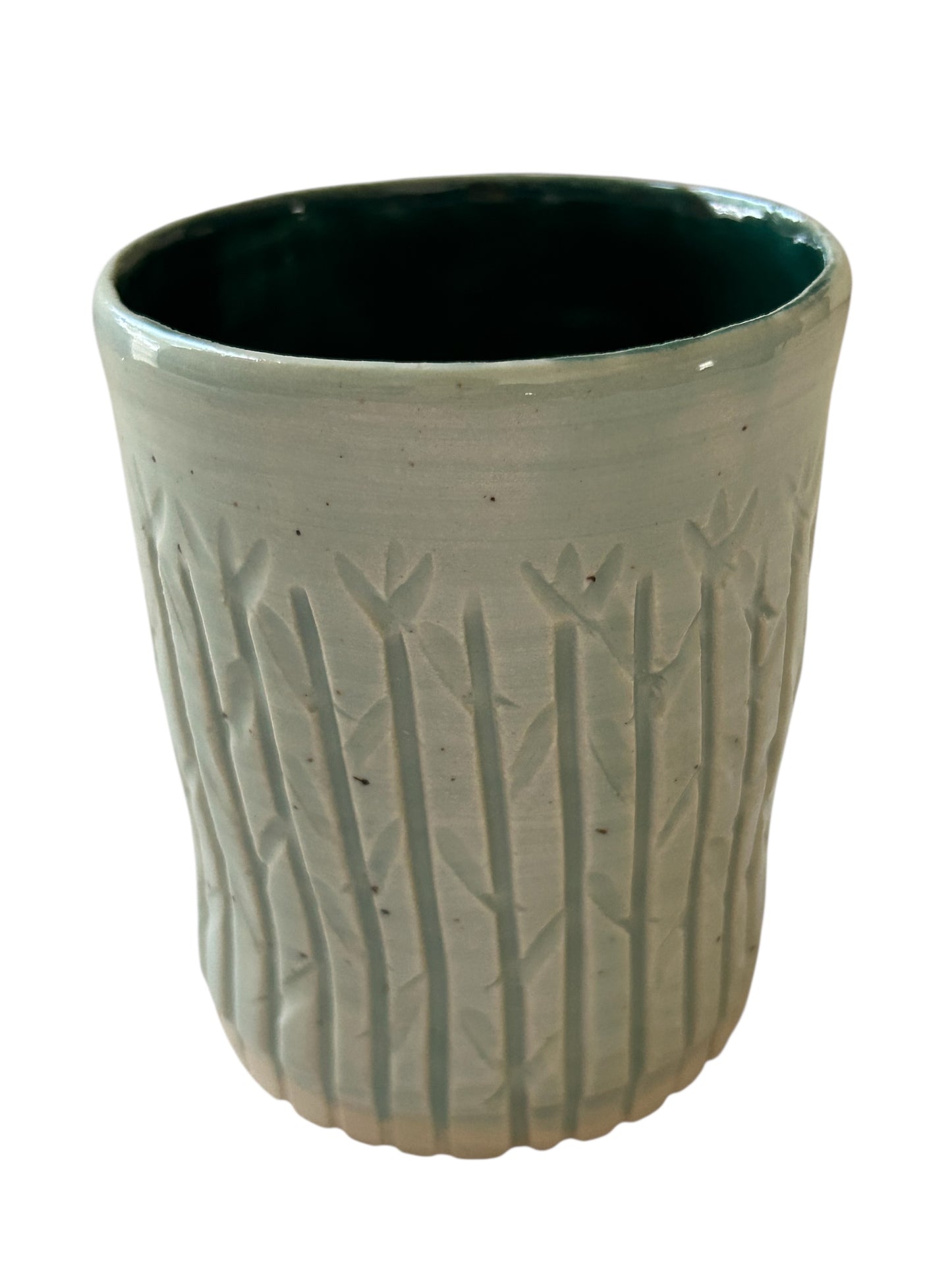 Medium Carved Cup #3 with Winter Tree Tops Designs in Teal Green