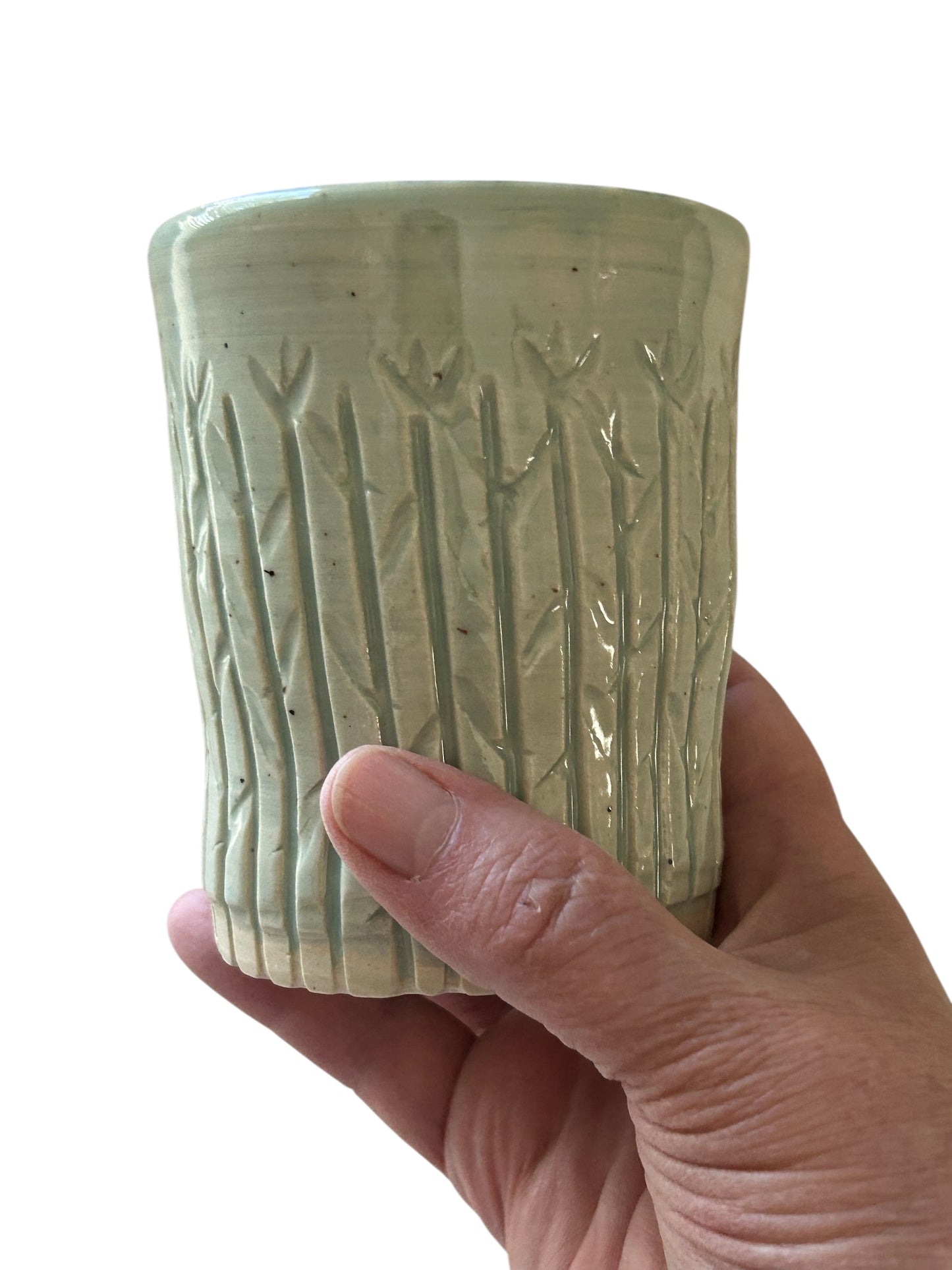 Medium Carved Cup #3 with Winter Tree Tops Designs in Teal Green